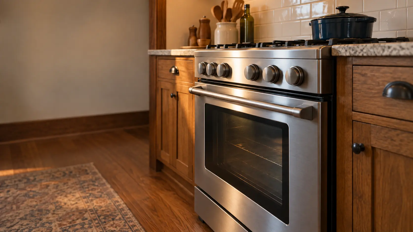 A Craftsman bungalow kitchen with a vintage-style gas stove, seen low from beside the oven door, the stovetop catching the light.
