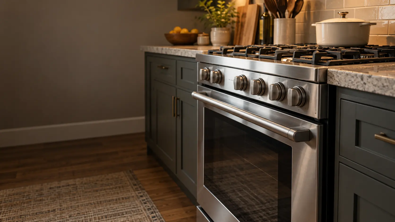 A suburban kitchen with a stainless gas stove, seen low from beside the oven door, the stovetop catching the light.