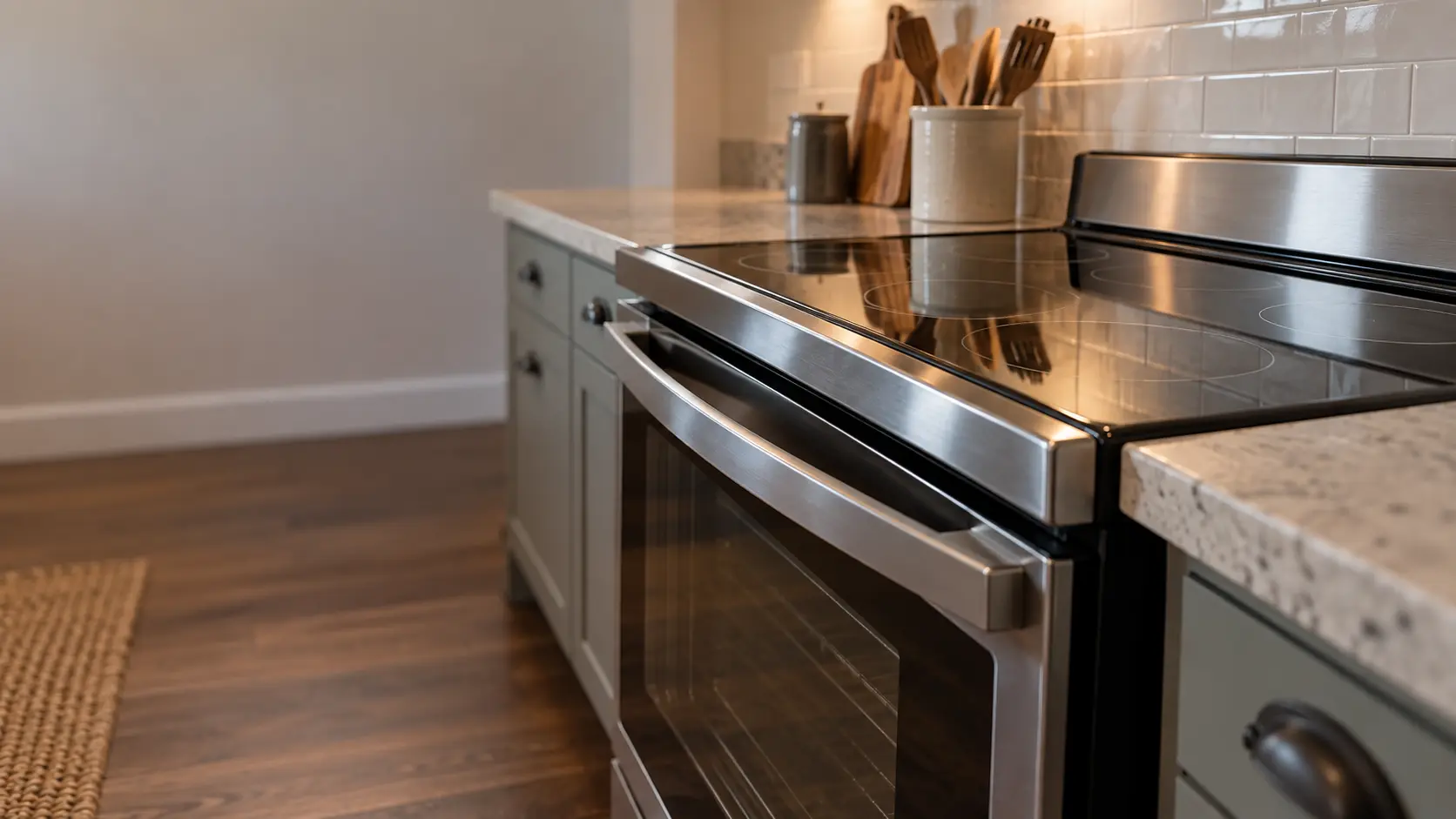 A hillside house kitchen with a glass-top electric stove, seen low from beside the oven door, the stovetop catching the light.