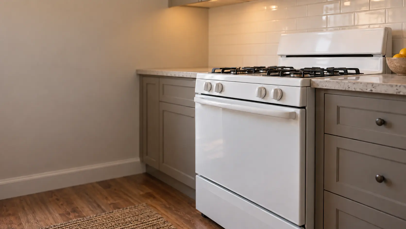 A flat kitchen with a narrow white gas stove, seen low from beside the oven door, the stovetop catching the light.