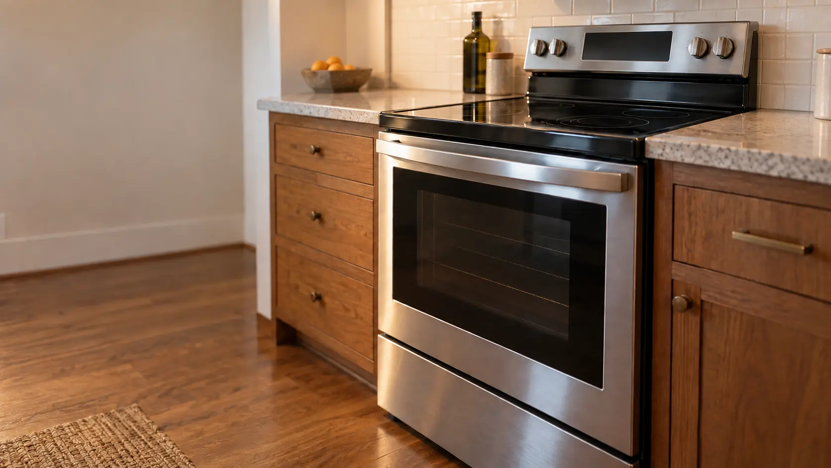 A mid-century house kitchen with a stainless electric stove, seen low from beside the oven door, the stovetop catching the light.