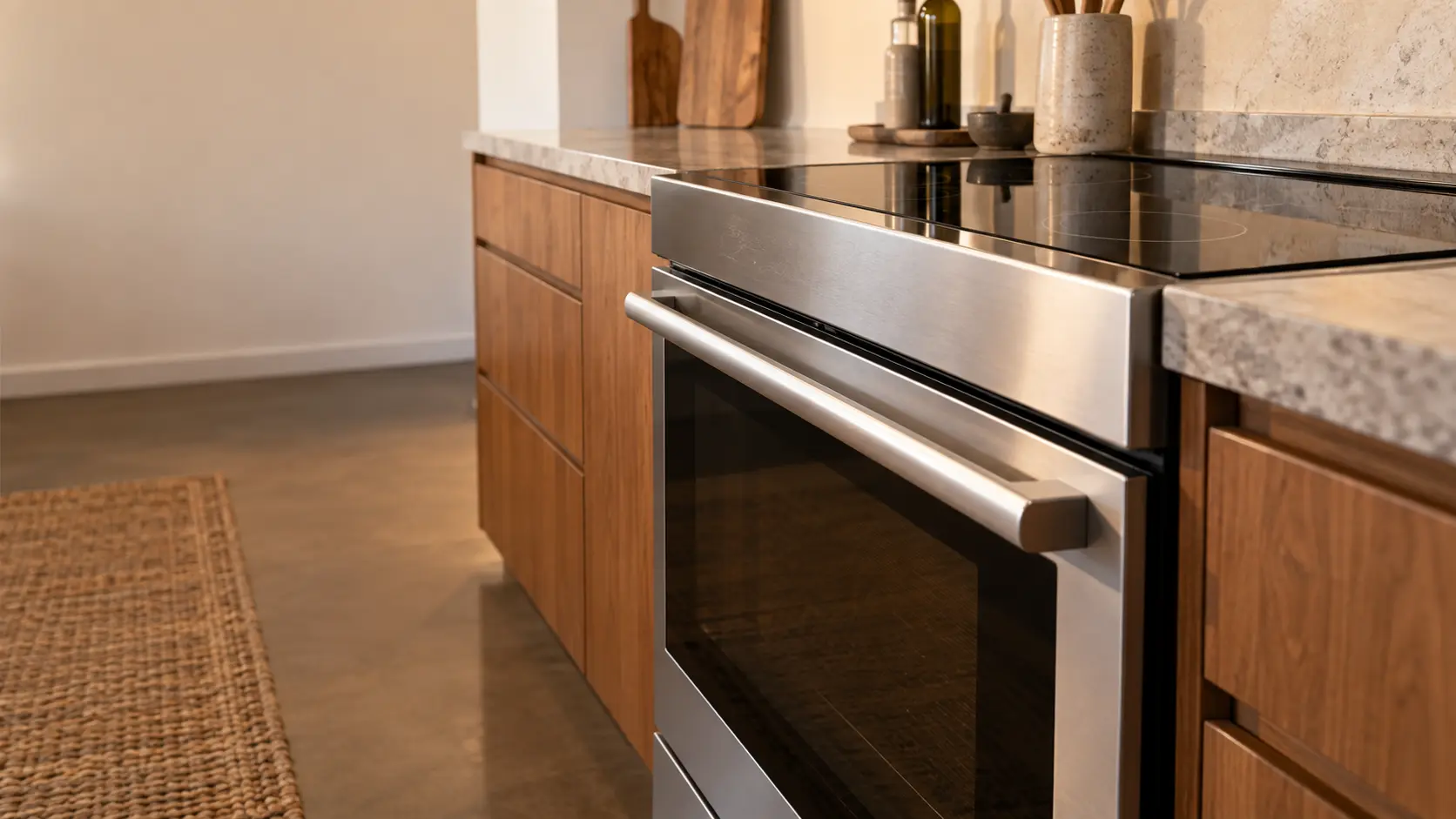 An Eichler kitchen with a slide-in induction stove, seen low from beside the oven door, the stovetop catching the light.