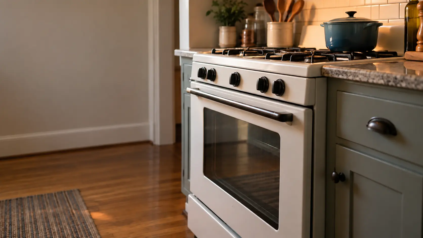 A two-flat kitchen with an older gas stove, seen low from beside the oven door, the stovetop catching the light.