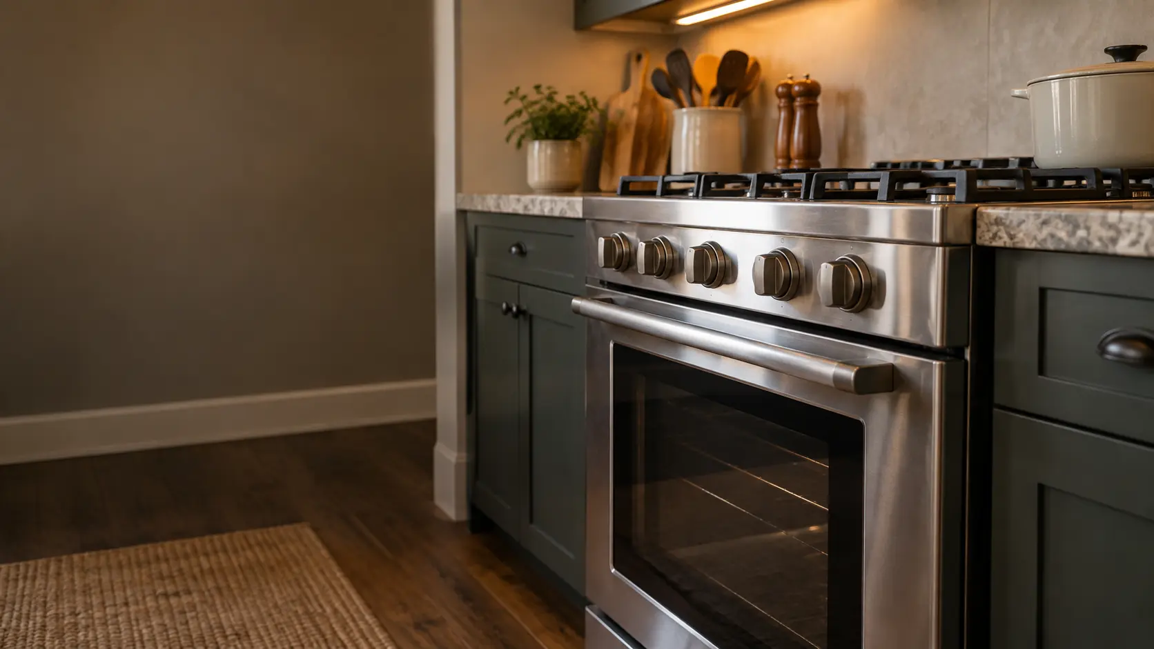 A split-level kitchen with a stainless gas stove, seen low from beside the oven door, the stovetop catching the light.