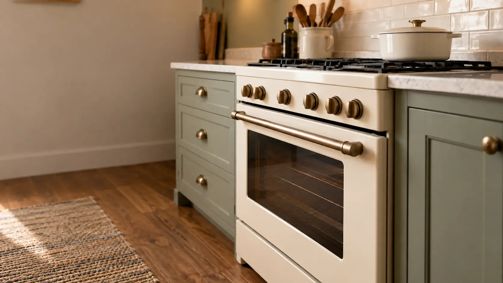 A farmhouse kitchen with a cream heritage stove, seen low from beside the oven door, the stovetop catching the light.