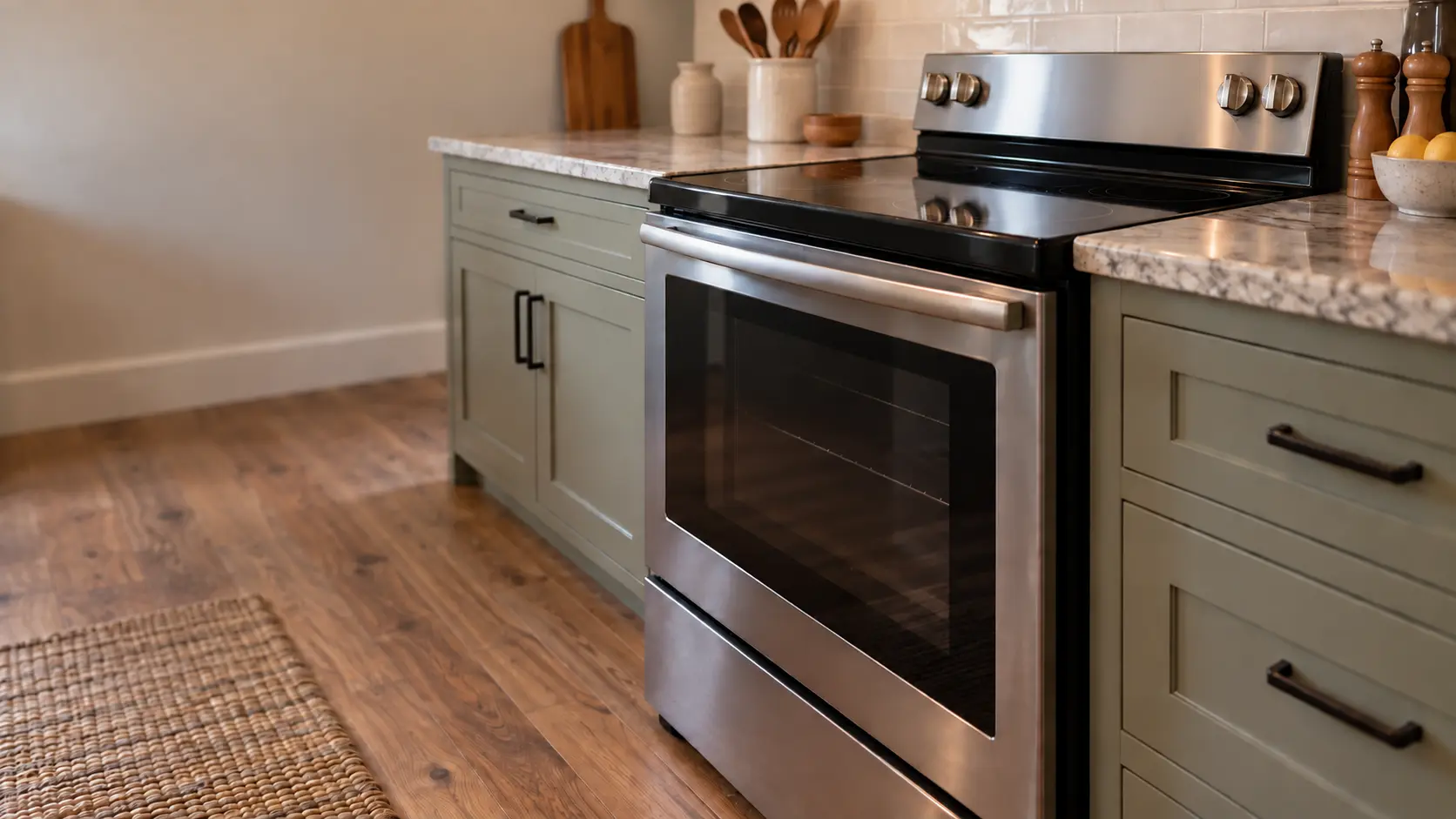 A lake house kitchen with a glass-top electric stove, seen low from beside the oven door, the stovetop catching the light.