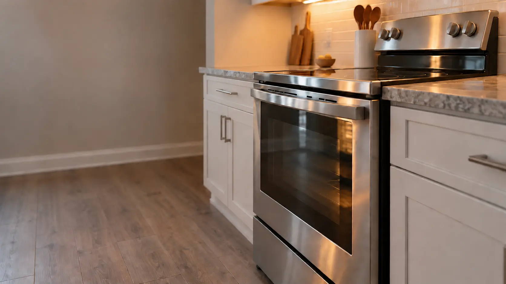 A newer subdivision kitchen with a stainless electric stove, seen low from beside the oven door, the stovetop catching the light.