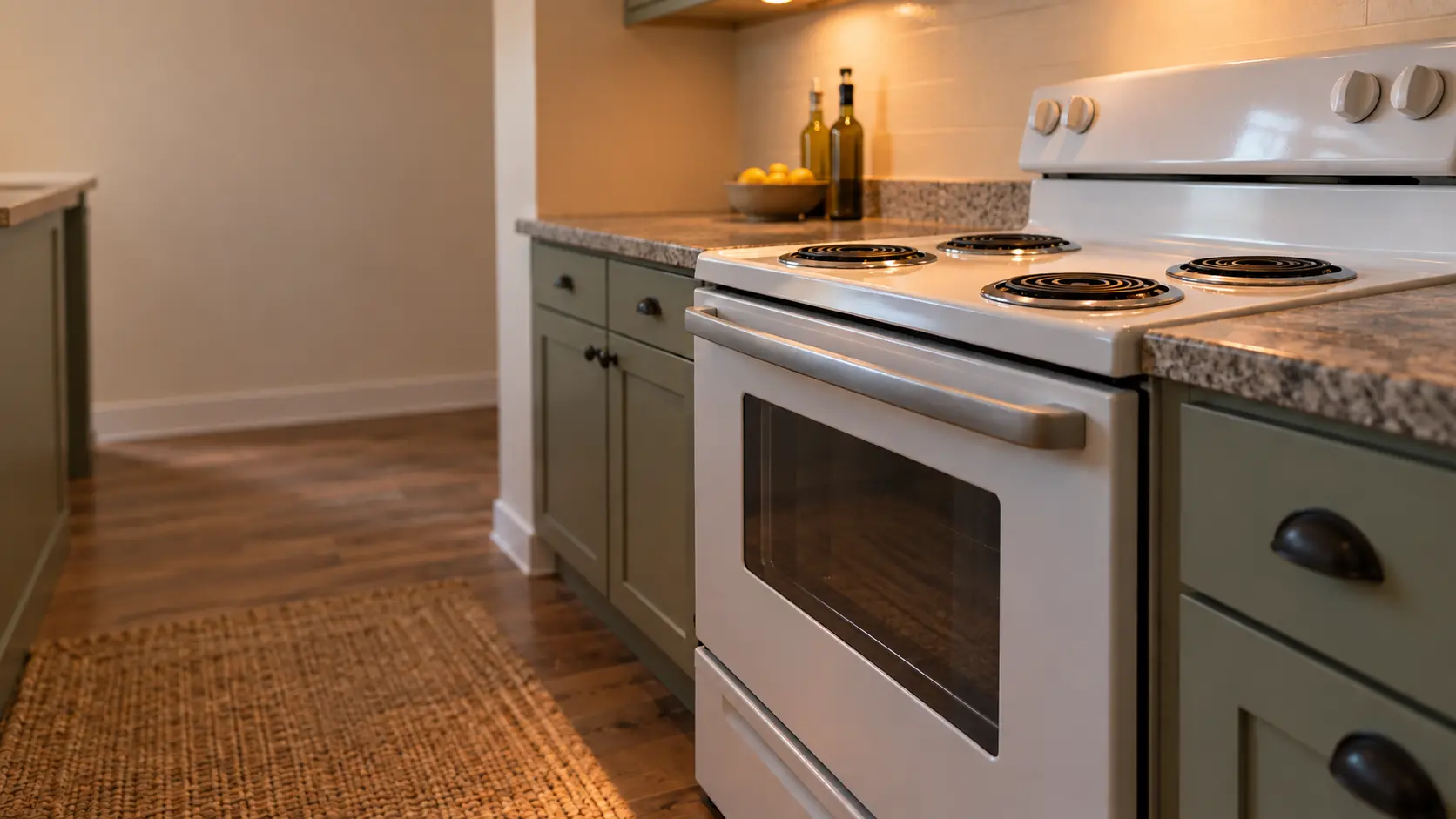 A raised coastal house kitchen with a coil electric stove, seen low from beside the oven door, the stovetop catching the light.