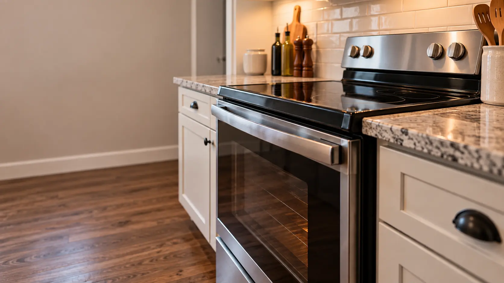 A subdivision kitchen with a slide-in electric stove, seen low from beside the oven door, the stovetop catching the light.