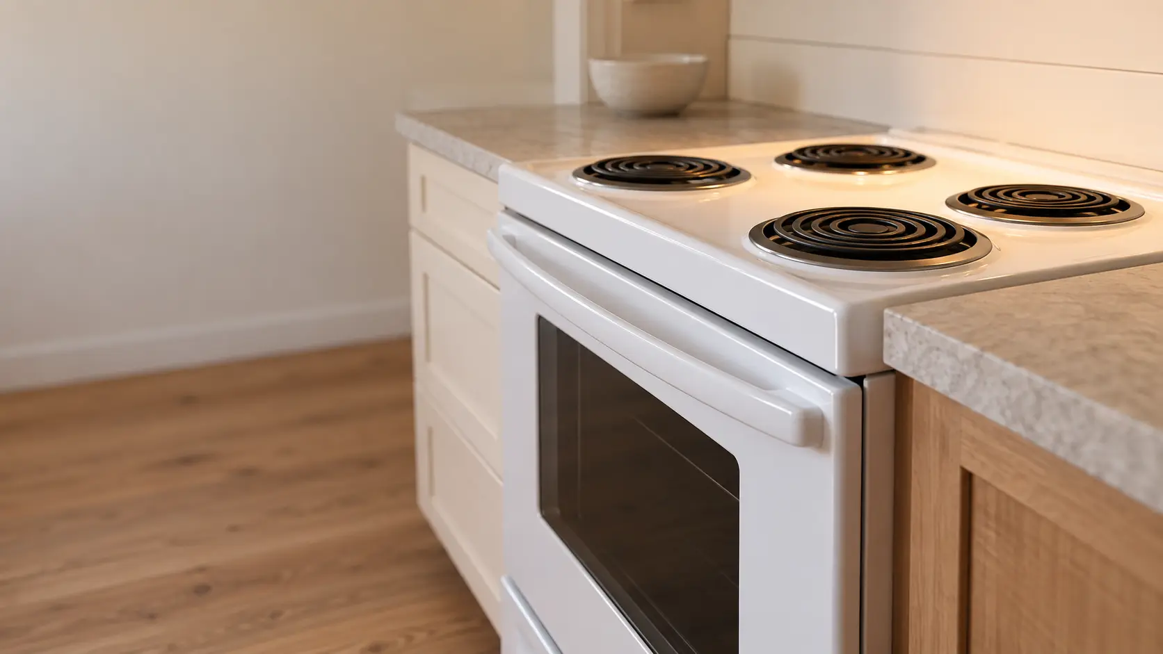 An island cottage kitchen with a white electric stove, seen low from beside the oven door, the stovetop catching the light.