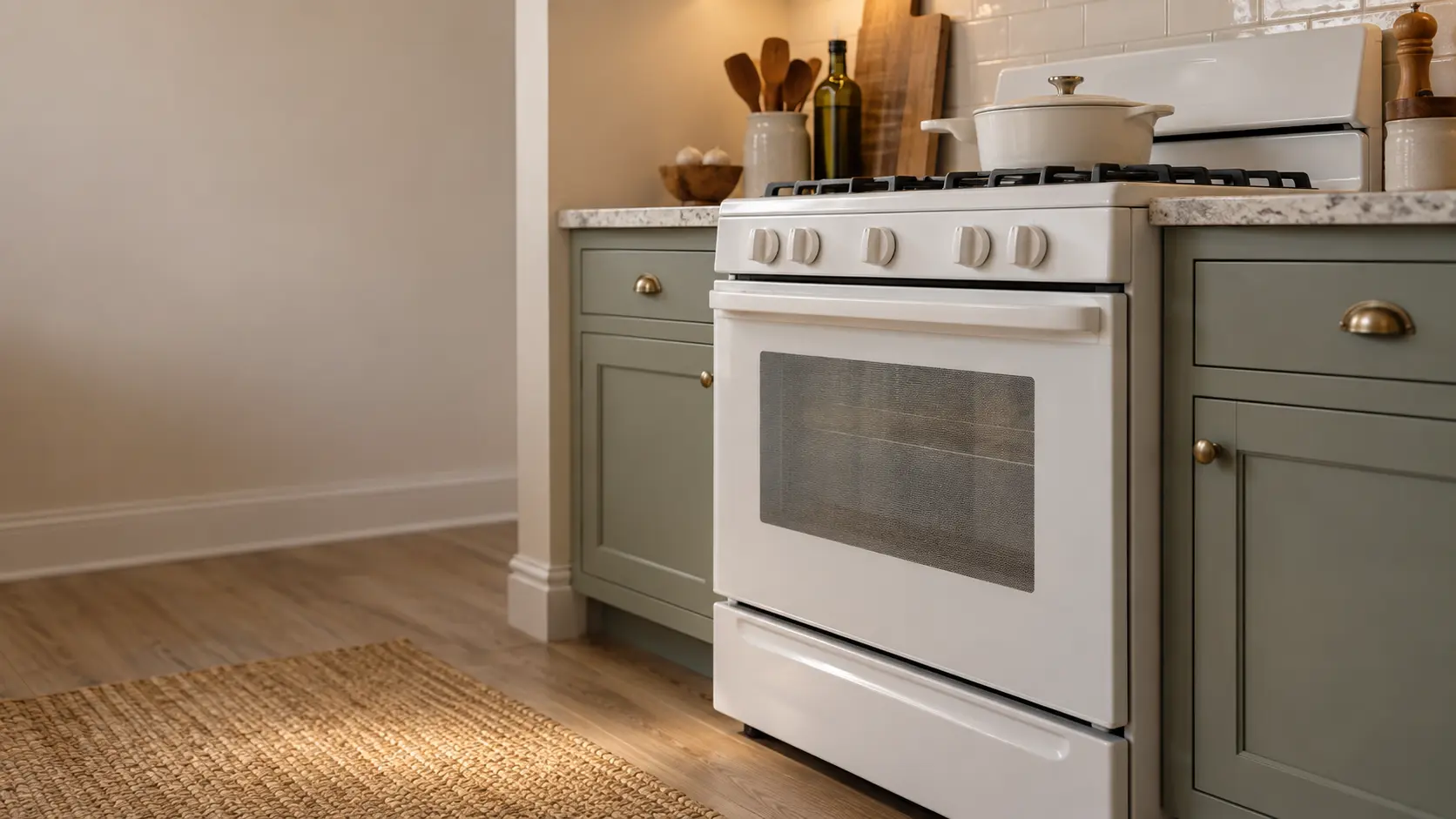 A slab house kitchen with a white gas stove, seen low from beside the oven door, the stovetop catching the light.