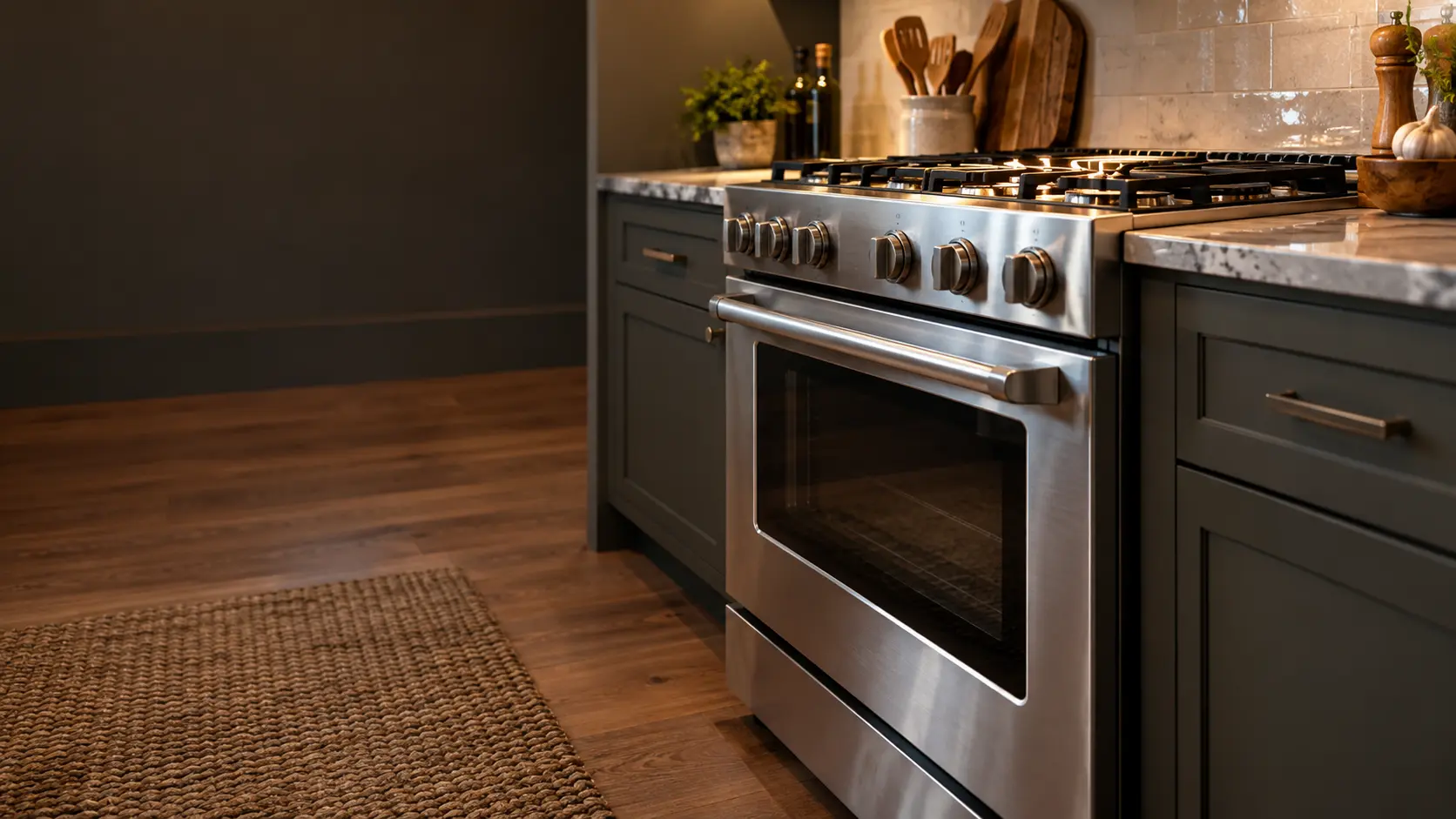 A wooded-lot house kitchen with a stainless gas stove, seen low from beside the oven door, the stovetop catching the light.