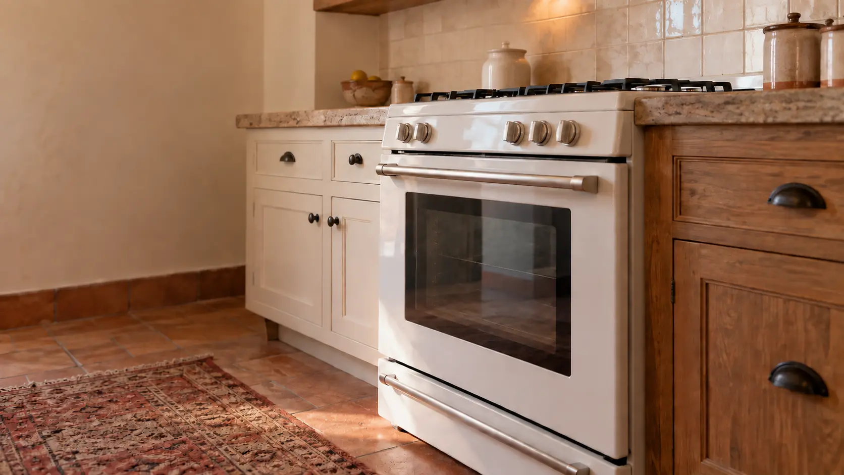 A Spanish-style house kitchen with a white gas stove, seen low from beside the oven door, the stovetop catching the light.