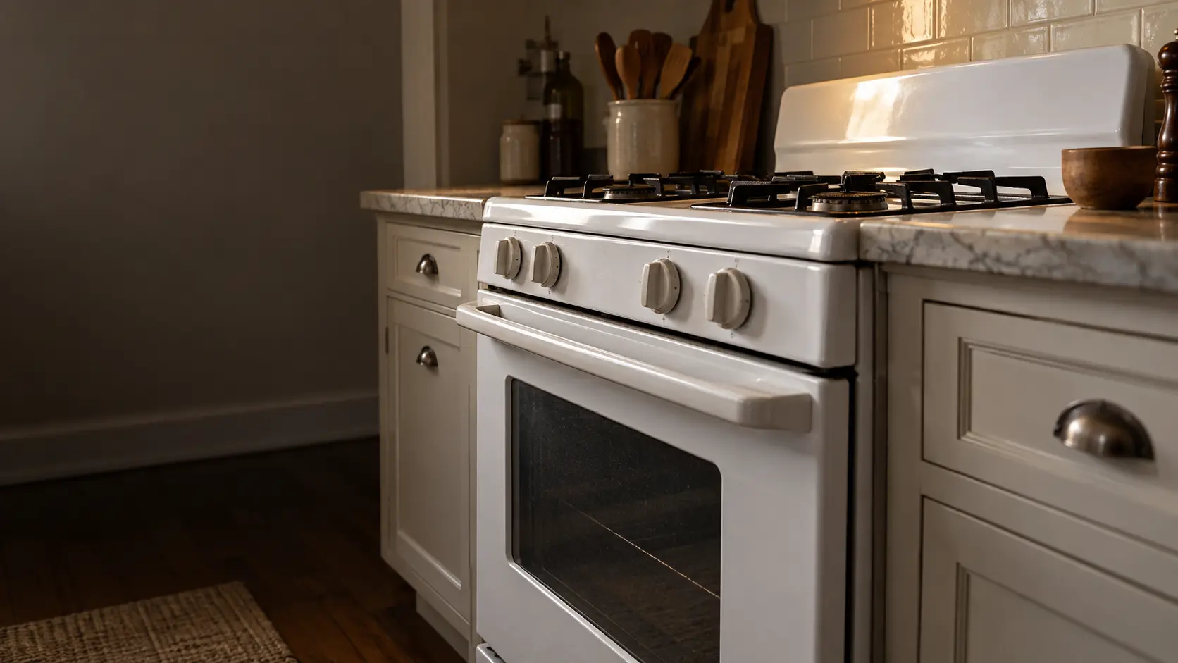 A prewar apartment kitchen with an older white gas stove, seen low from beside the oven door, the stovetop catching the light.