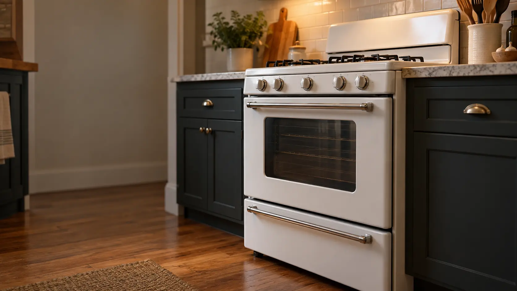 A brownstone kitchen with a vintage white gas stove, seen low from beside the oven door, the stovetop catching the light.