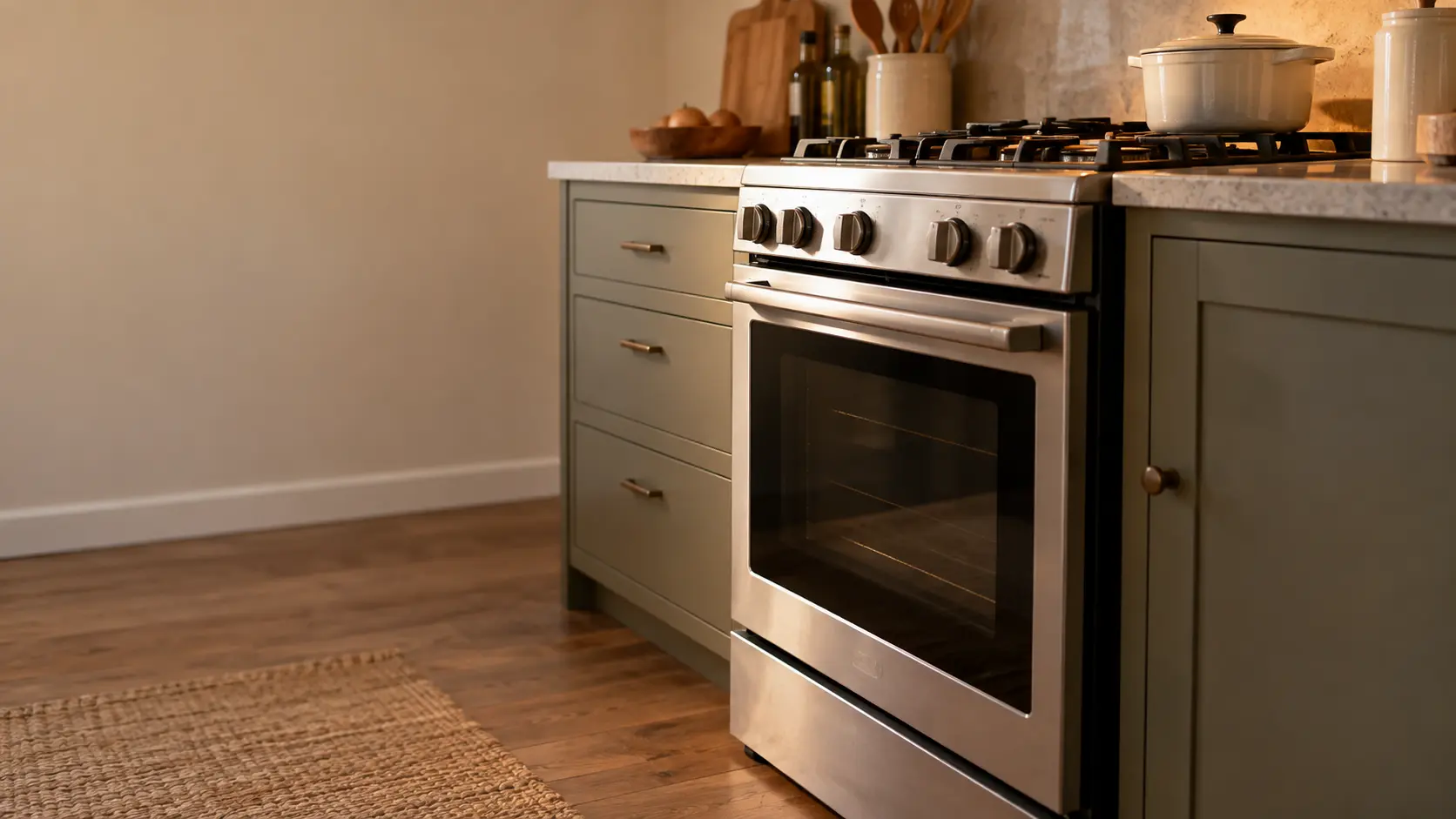 A studio apartment kitchen with a narrow gas stove, seen low from beside the oven door, the stovetop catching the light.