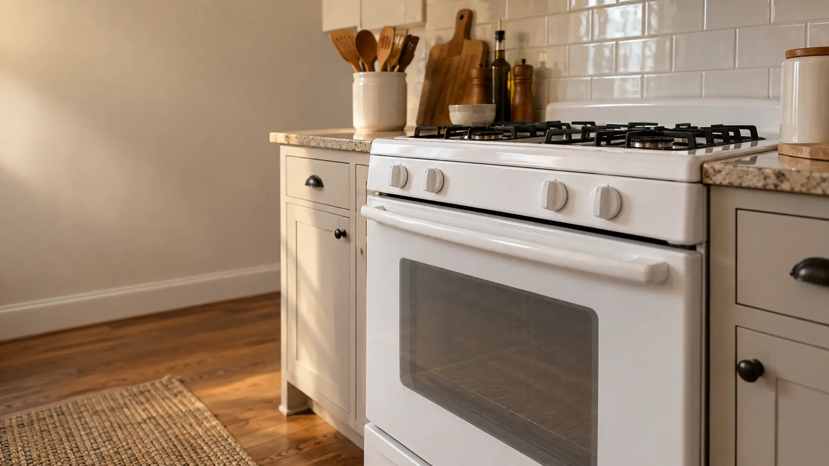 A Long Island colonial kitchen with a white gas stove, seen low from beside the oven door, the stovetop catching the light.