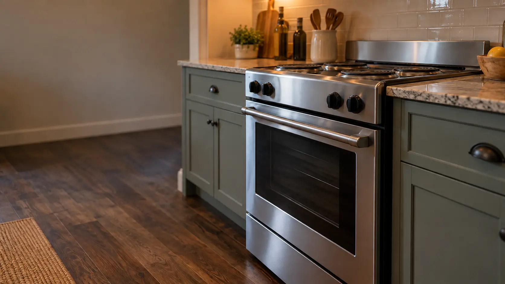 A detached house kitchen with a stainless electric stove, seen low from beside the oven door, the stovetop catching the light.