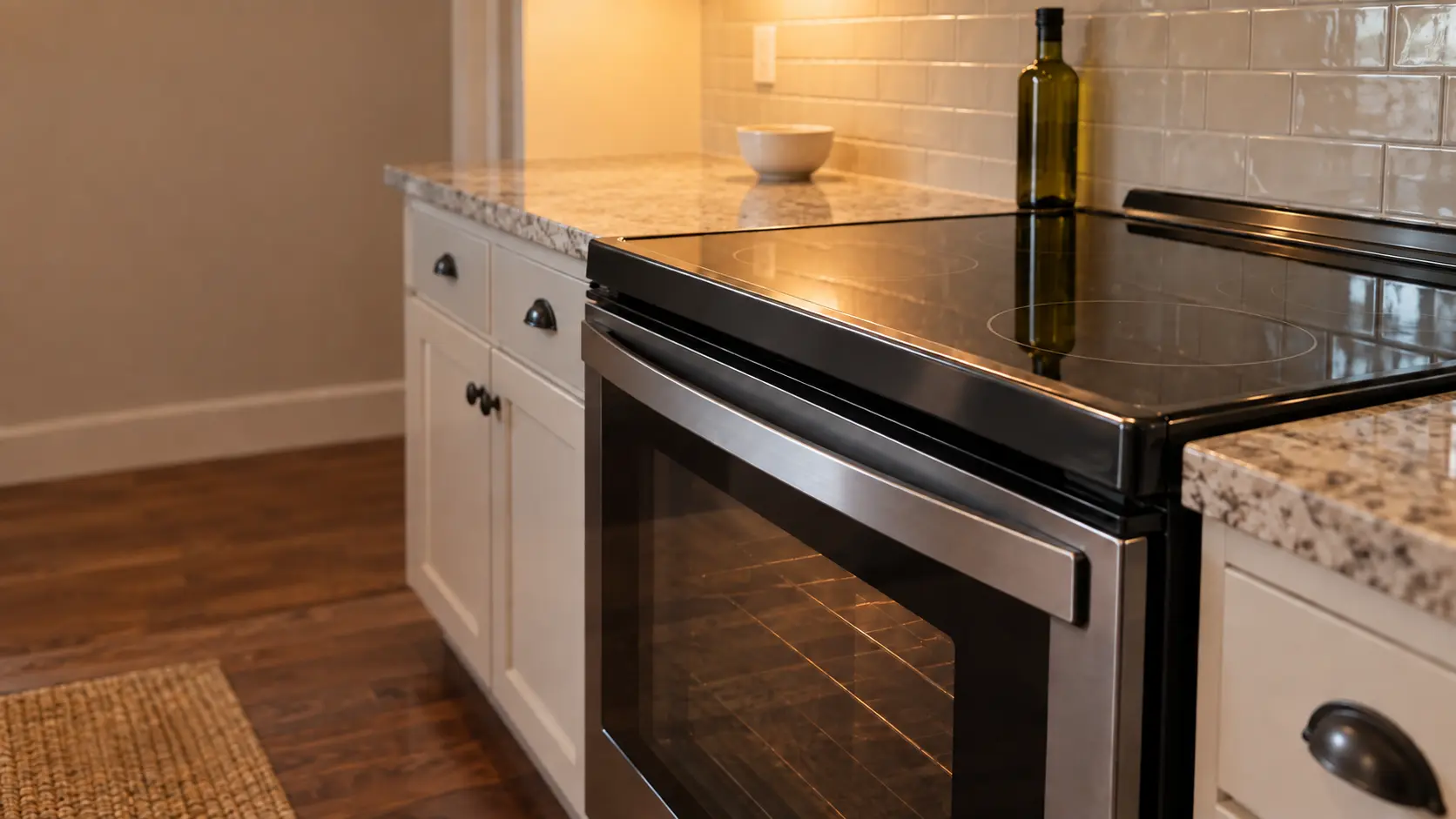 A shingled house kitchen with a glass-top electric stove, seen low from beside the oven door, the stovetop catching the light.