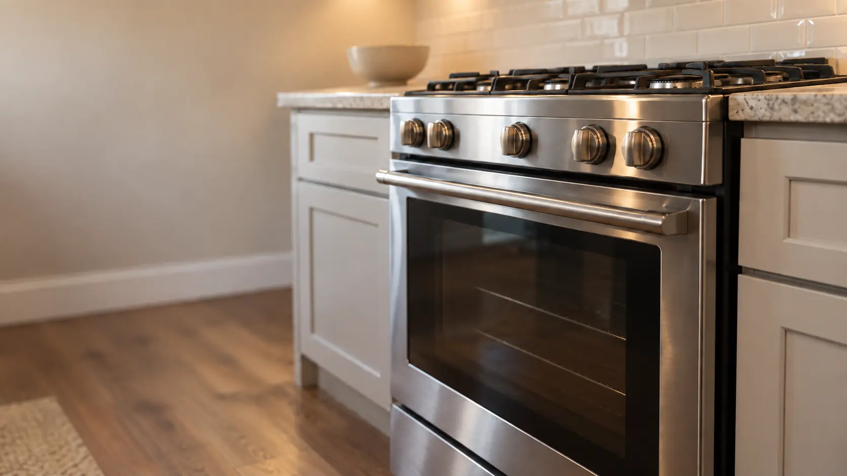 A suburban kitchen with a stainless gas stove, seen low from beside the oven door, the stovetop catching the light.