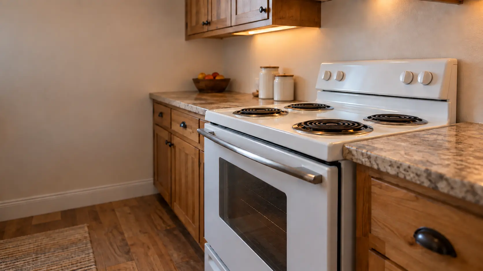 A rural ranch kitchen with a coil-burner electric stove, seen low from beside the oven door, the stovetop catching the light.