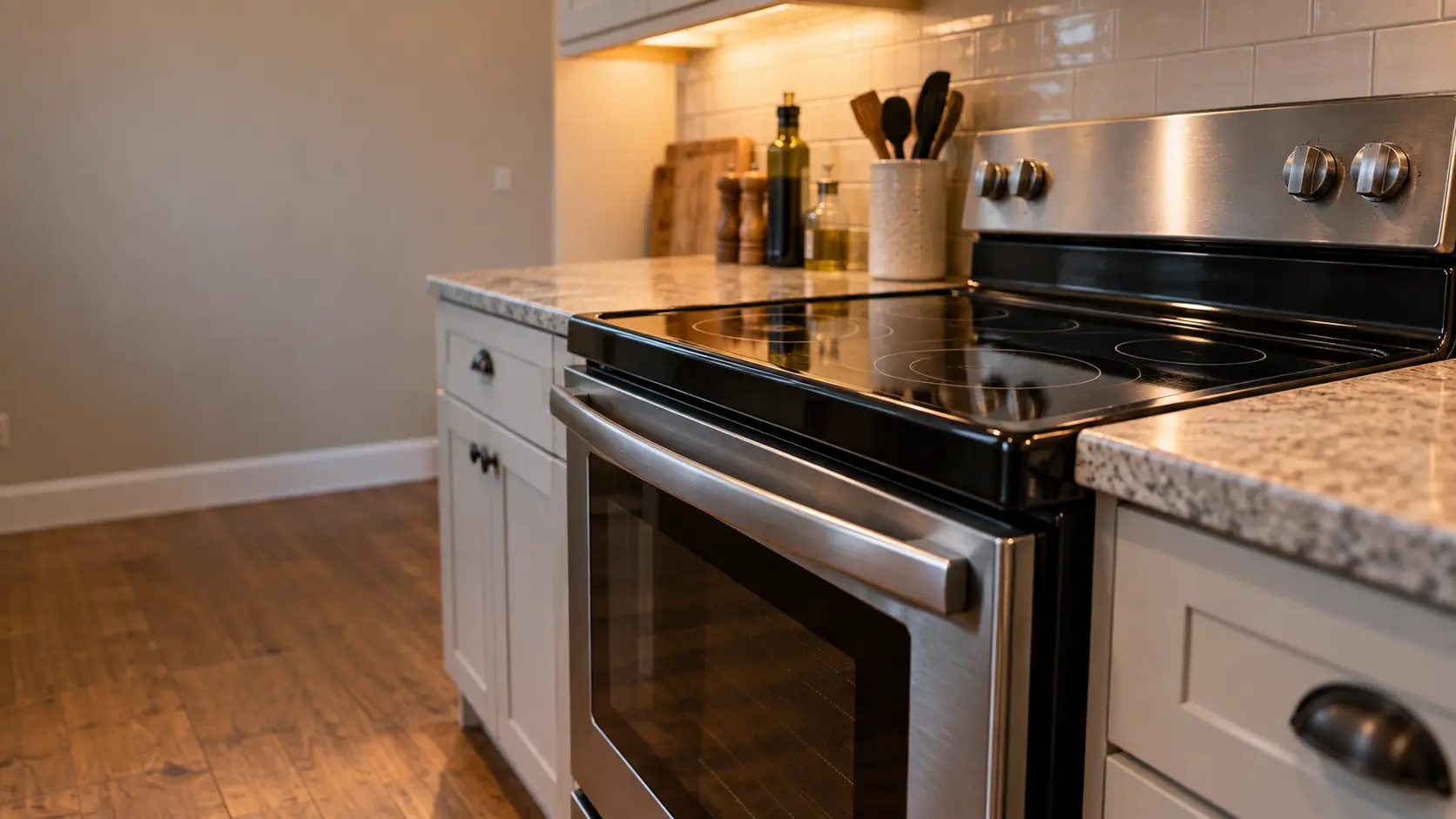 A townhouse kitchen with a glass-top electric stove, seen low from beside the oven door, the stovetop catching the light.