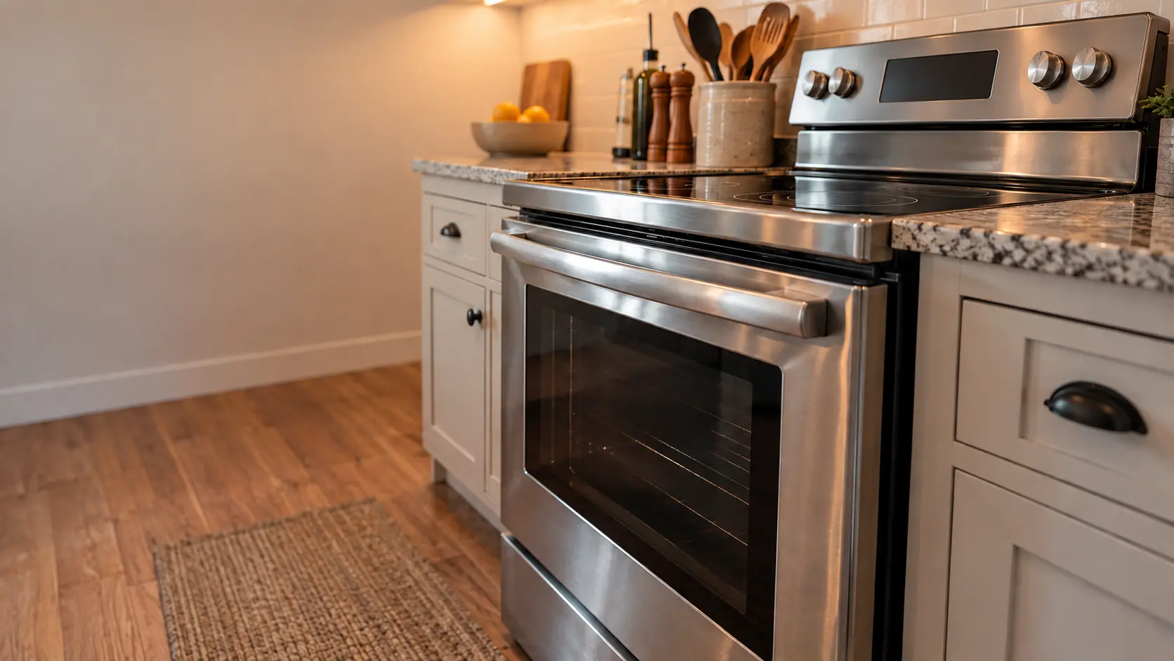A vacation-rental kitchen with a stainless electric stove, seen low from beside the oven door, the stovetop catching the light.