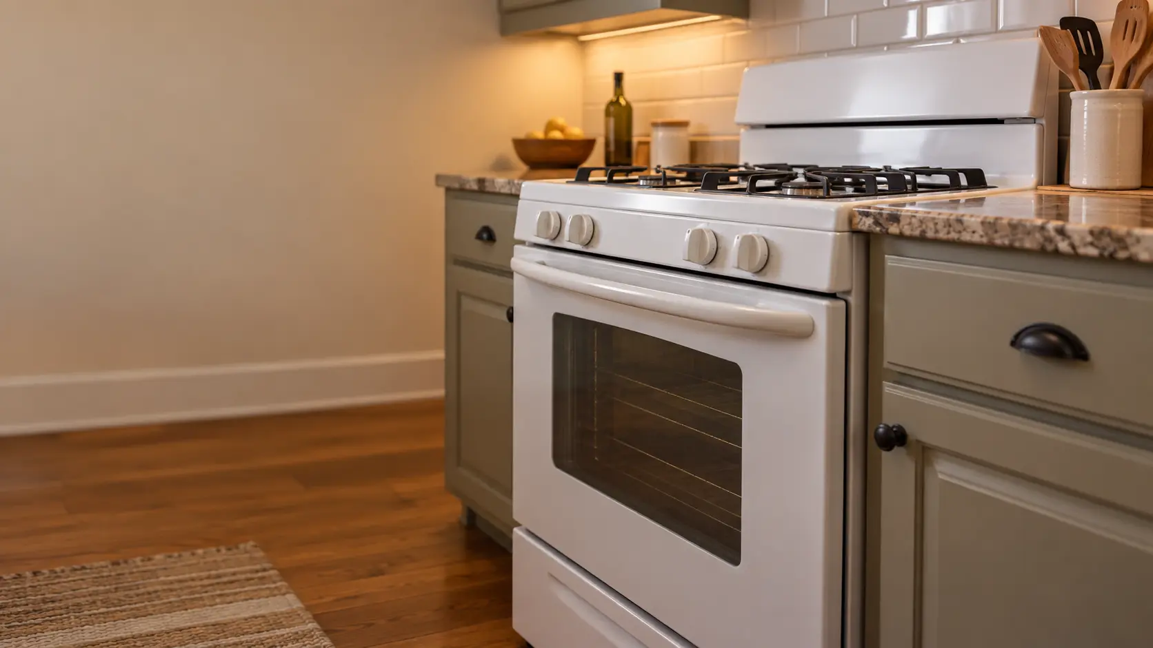 A family kitchen with a white gas stove, seen low from beside the oven door, the stovetop catching the light.