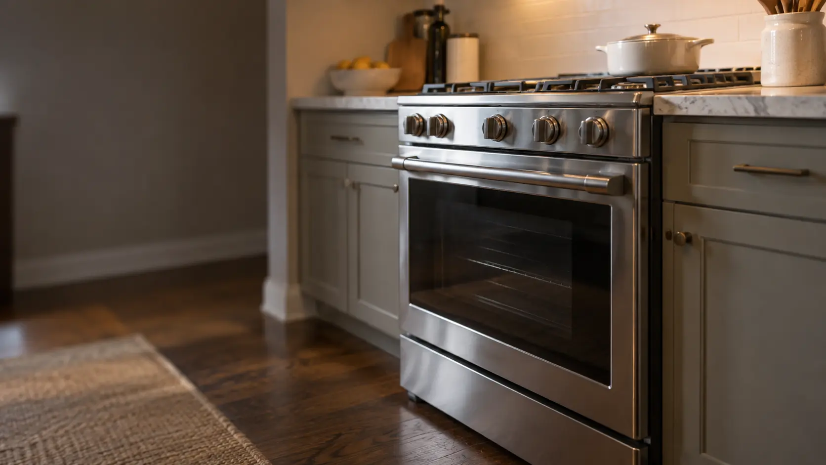 A ranch house kitchen with a stainless gas stove, seen low from beside the oven door, the stovetop catching the light.