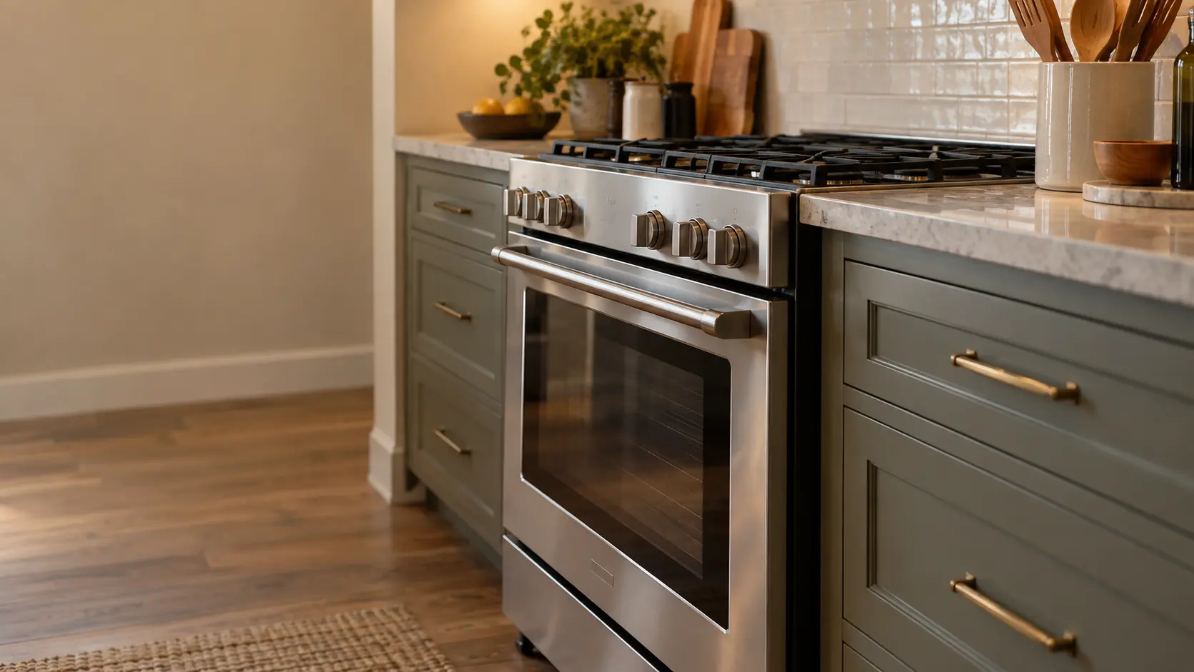 A canal-side house kitchen with a stainless gas stove, seen low from beside the oven door, the stovetop catching the light.