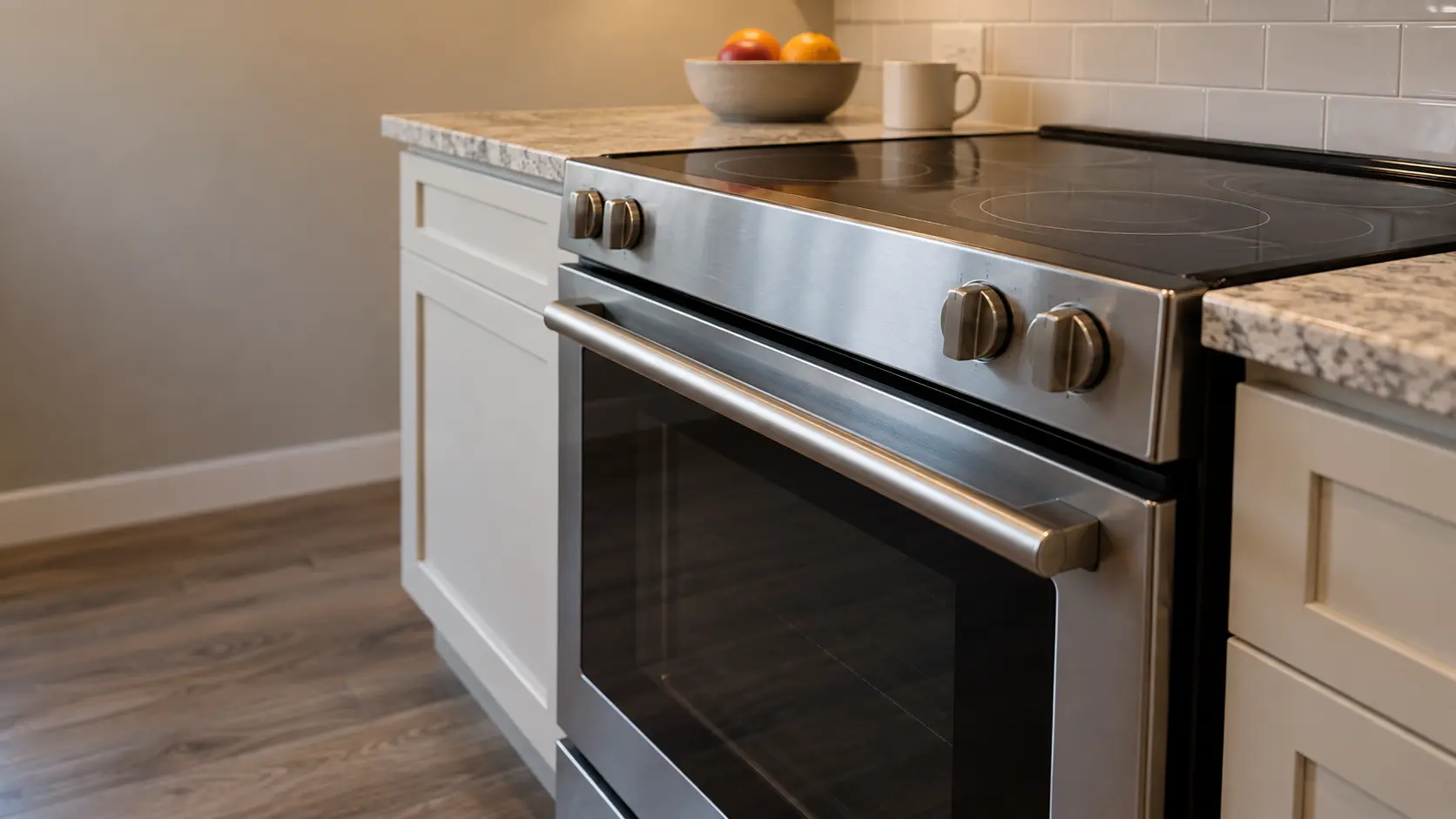 A condo kitchen with a slide-in electric stove, seen low from beside the oven door, the stovetop catching the light.