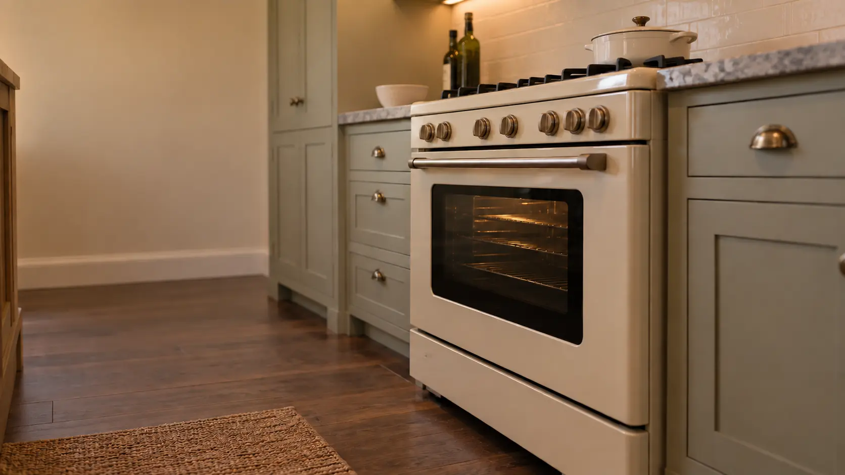 A large estate kitchen with a cream heritage stove, seen low from beside the oven door, the stovetop catching the light.