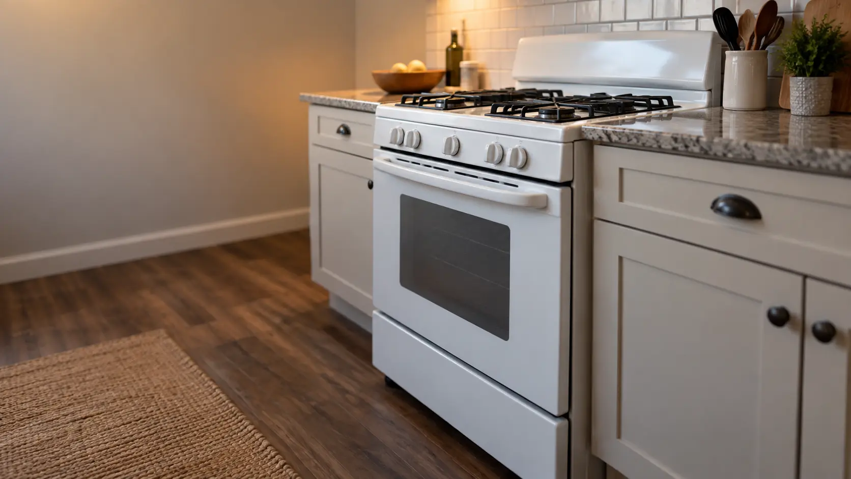 A block house kitchen with a white gas stove, seen low from beside the oven door, the stovetop catching the light.