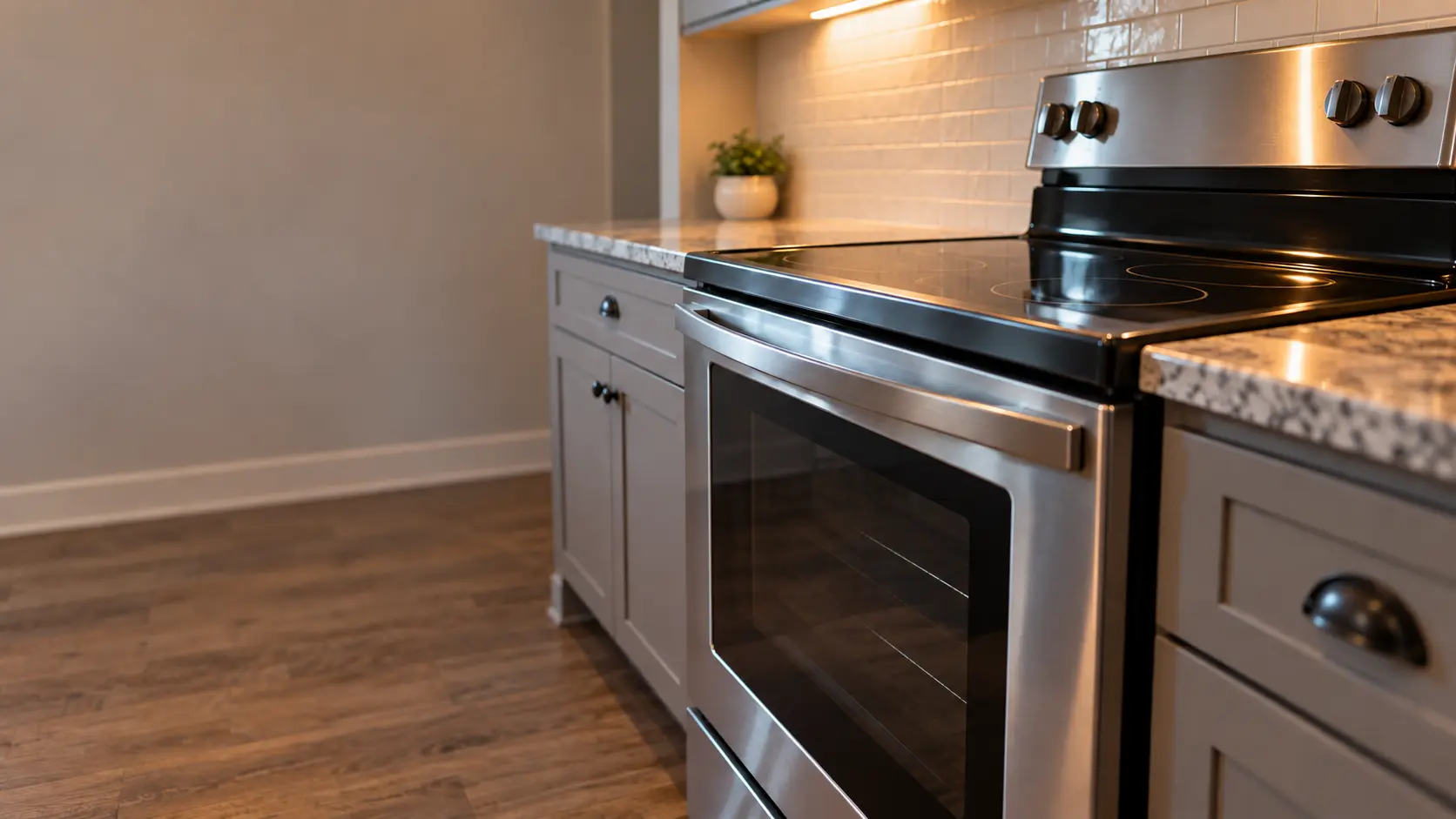 A newer subdivision kitchen with a stainless electric stove, seen low from beside the oven door, the stovetop catching the light.