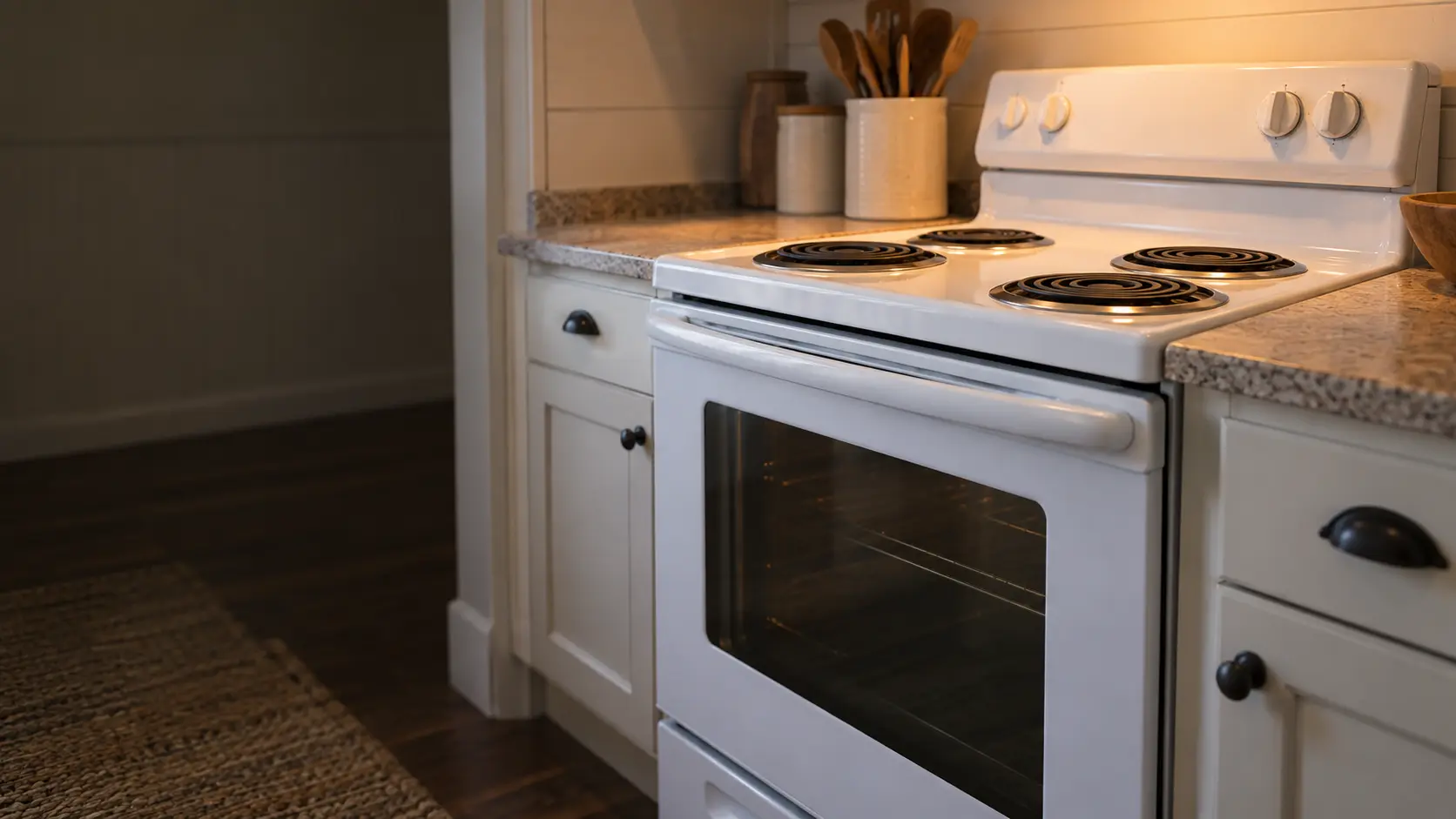 A beach cottage kitchen with a compact white electric stove, seen low from beside the oven door, the stovetop catching the light.