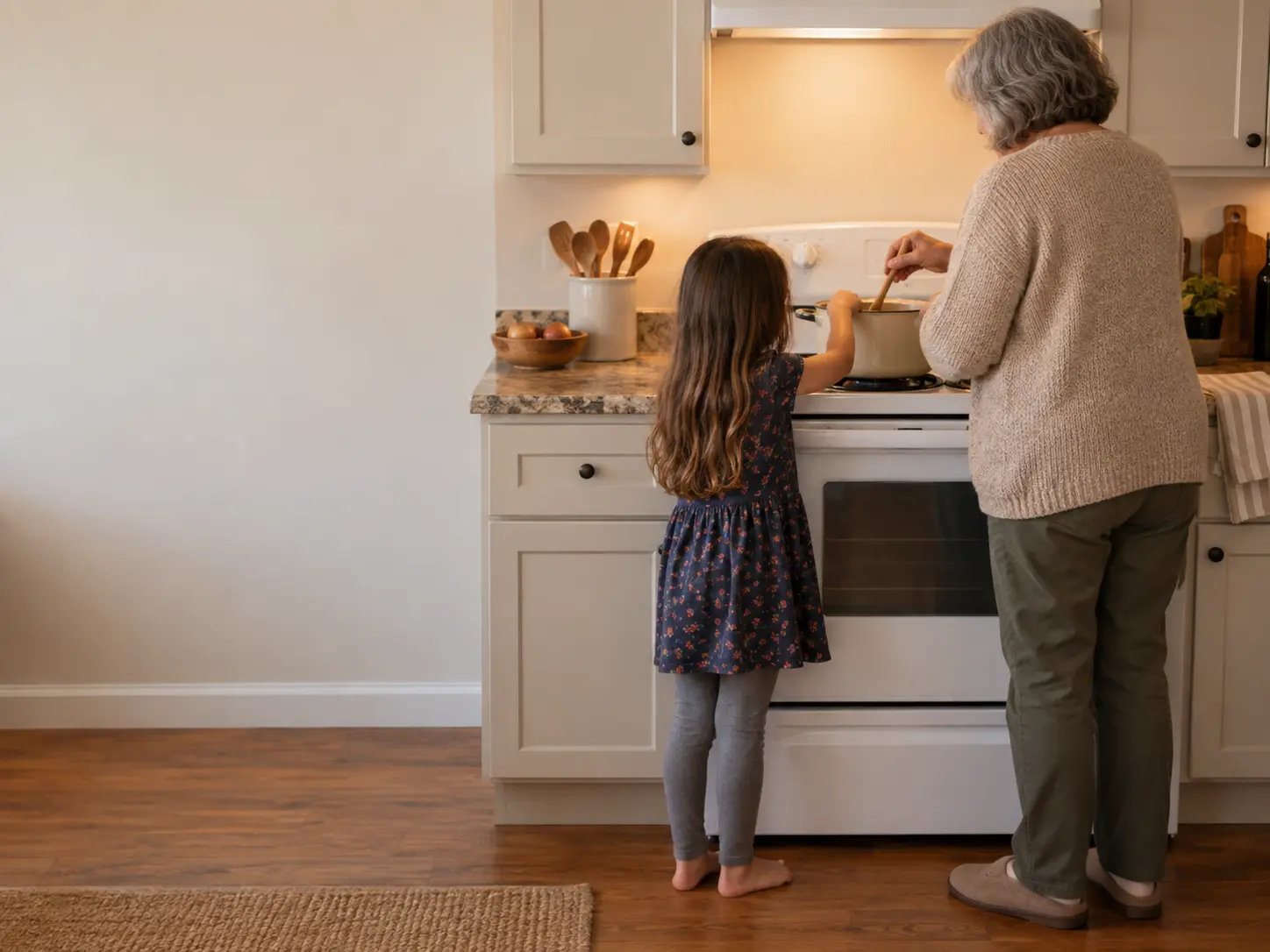 A grandparent and a child stirring a pot together on a white gas stove in a lived-in family kitchen