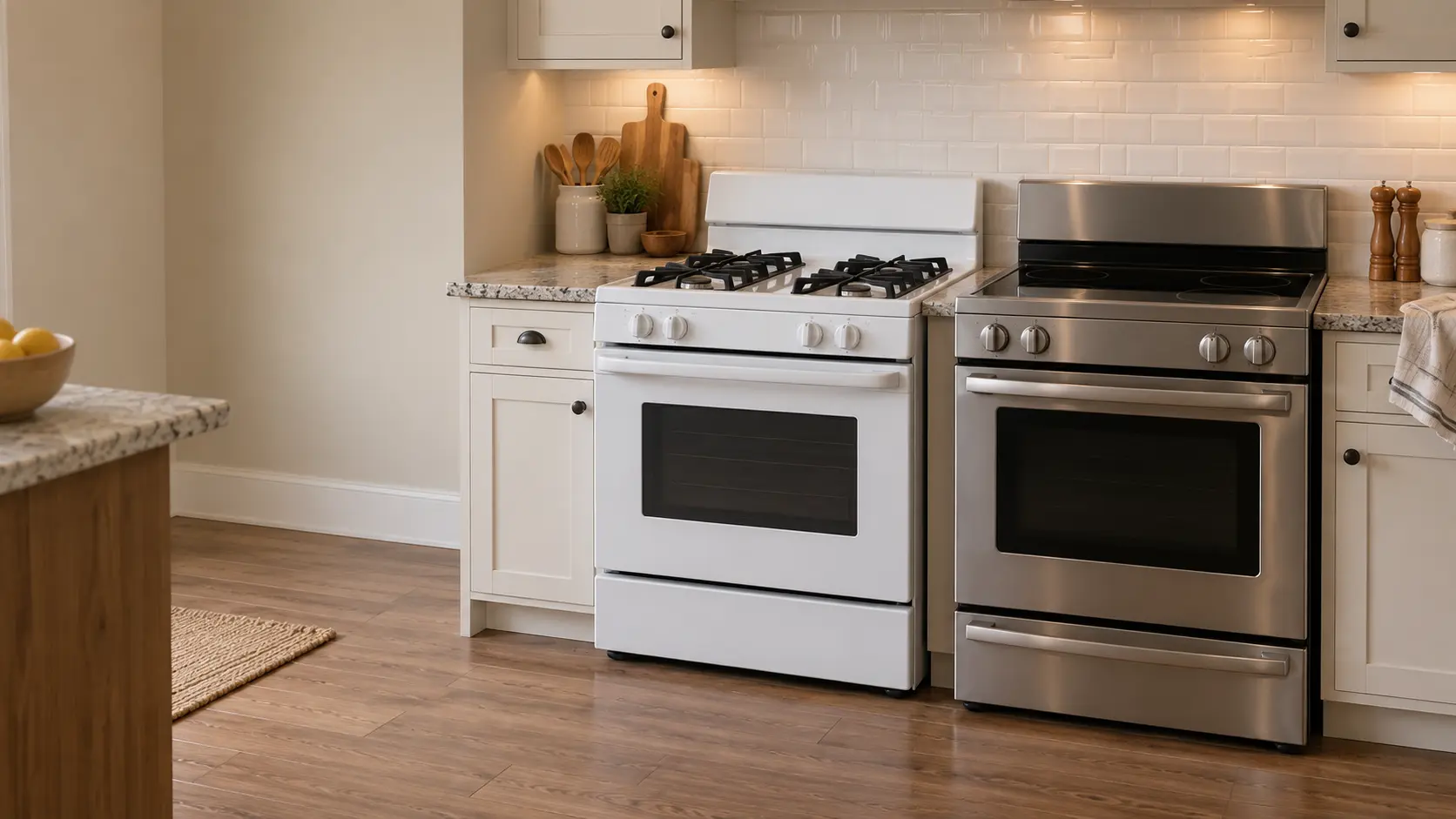 A white gas stove and a stainless electric stove side by side in a bright kitchen, both clean and off.