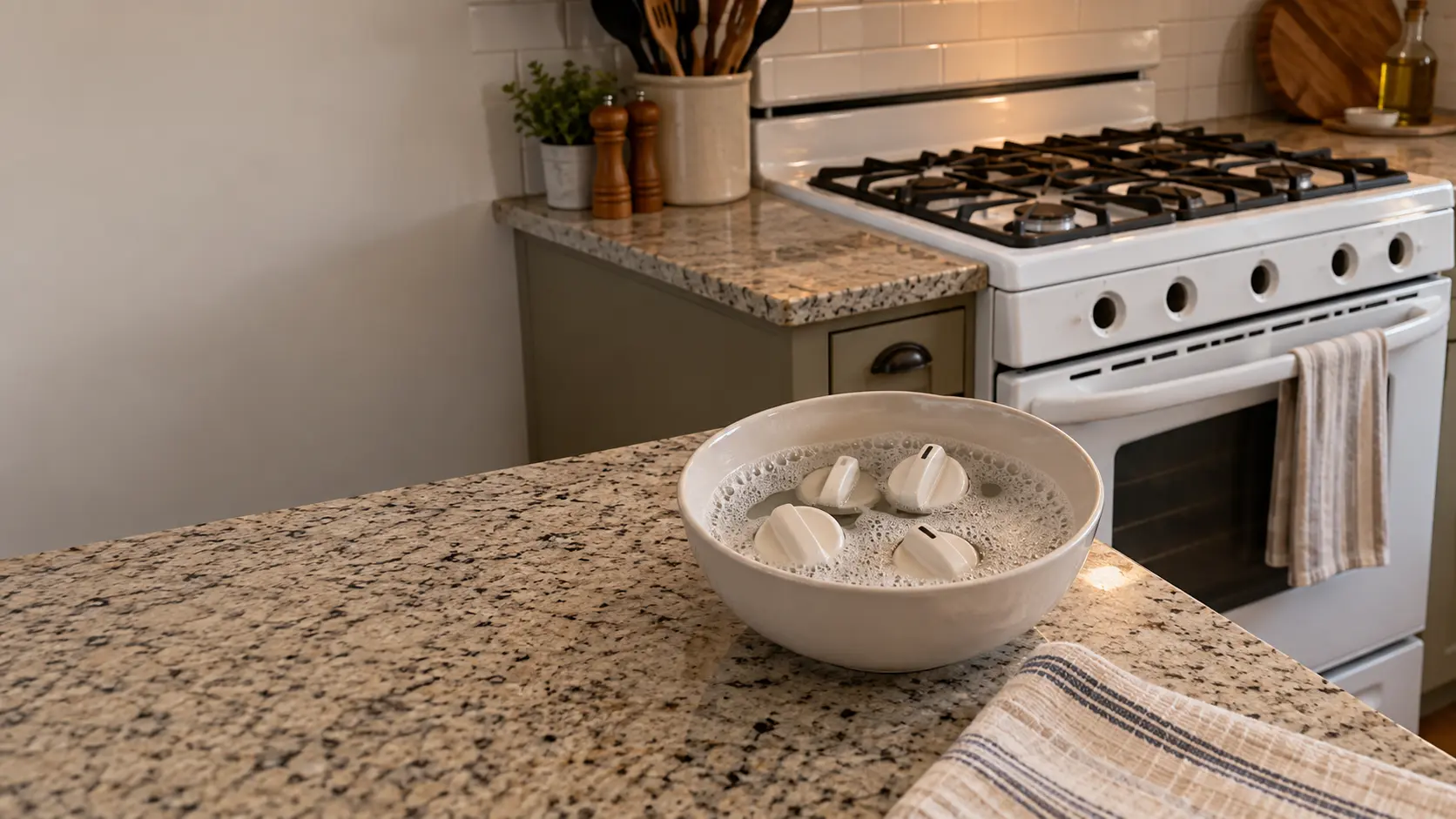 Stove knobs soaking in a bowl of soapy water on the counter beside a white gas stove.