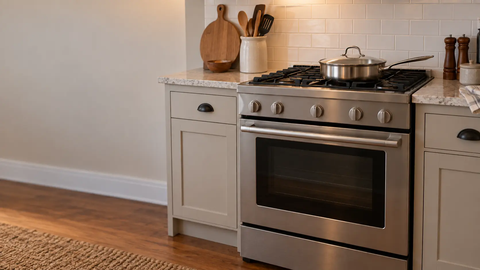 A metal lid resting on a pan on a switched-off gas stove, every knob at off.