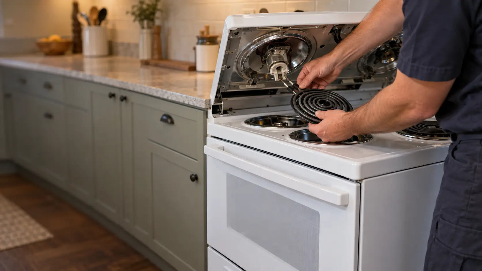 A technician plugs a new black coil burner into its socket on a raised stovetop of a white electric stove in a US apartment kitchen.