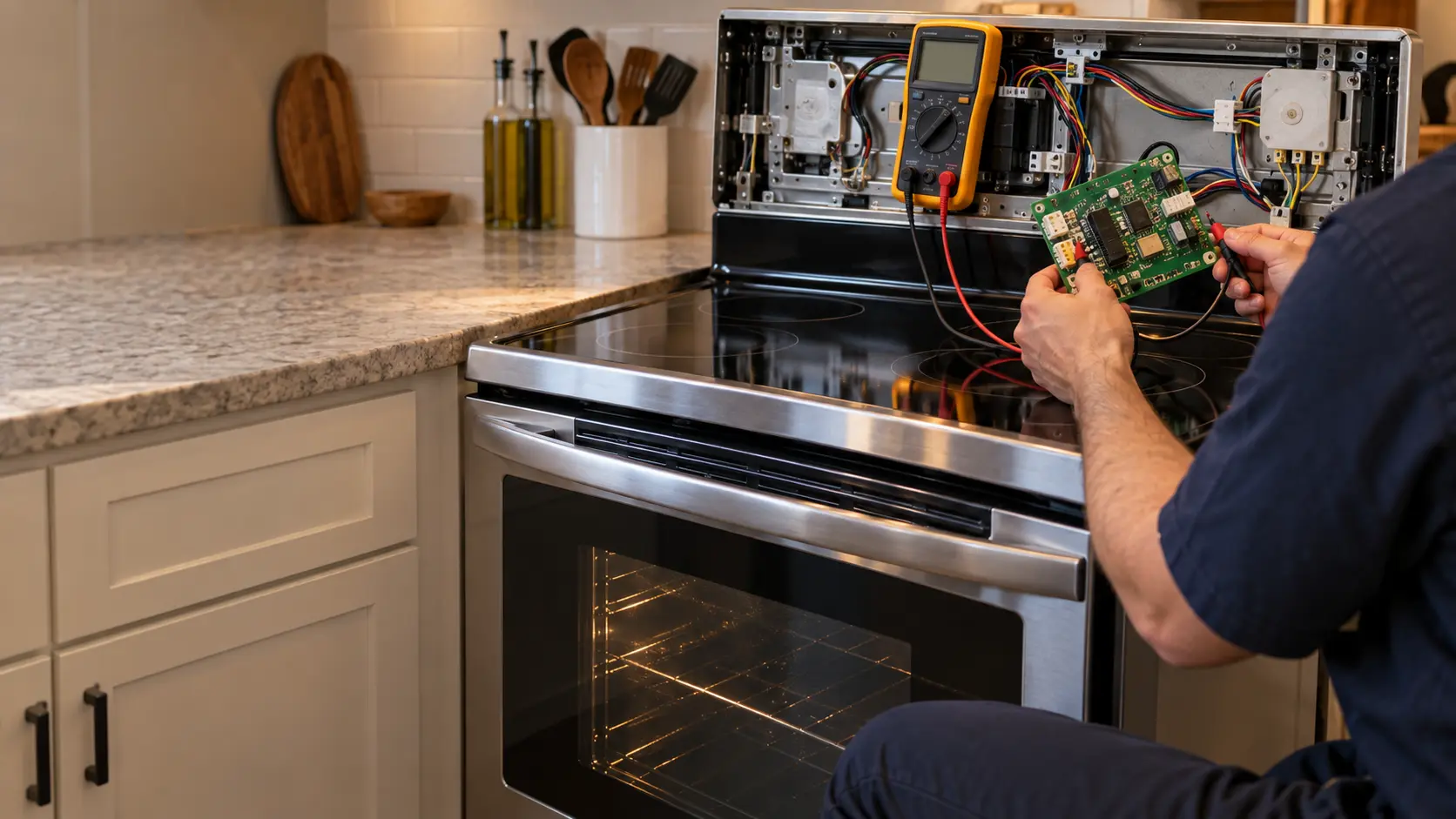 A technician holds a green control board up to the opened back panel of a slide-in stove in a US home kitchen, a meter clipped to the wiring.