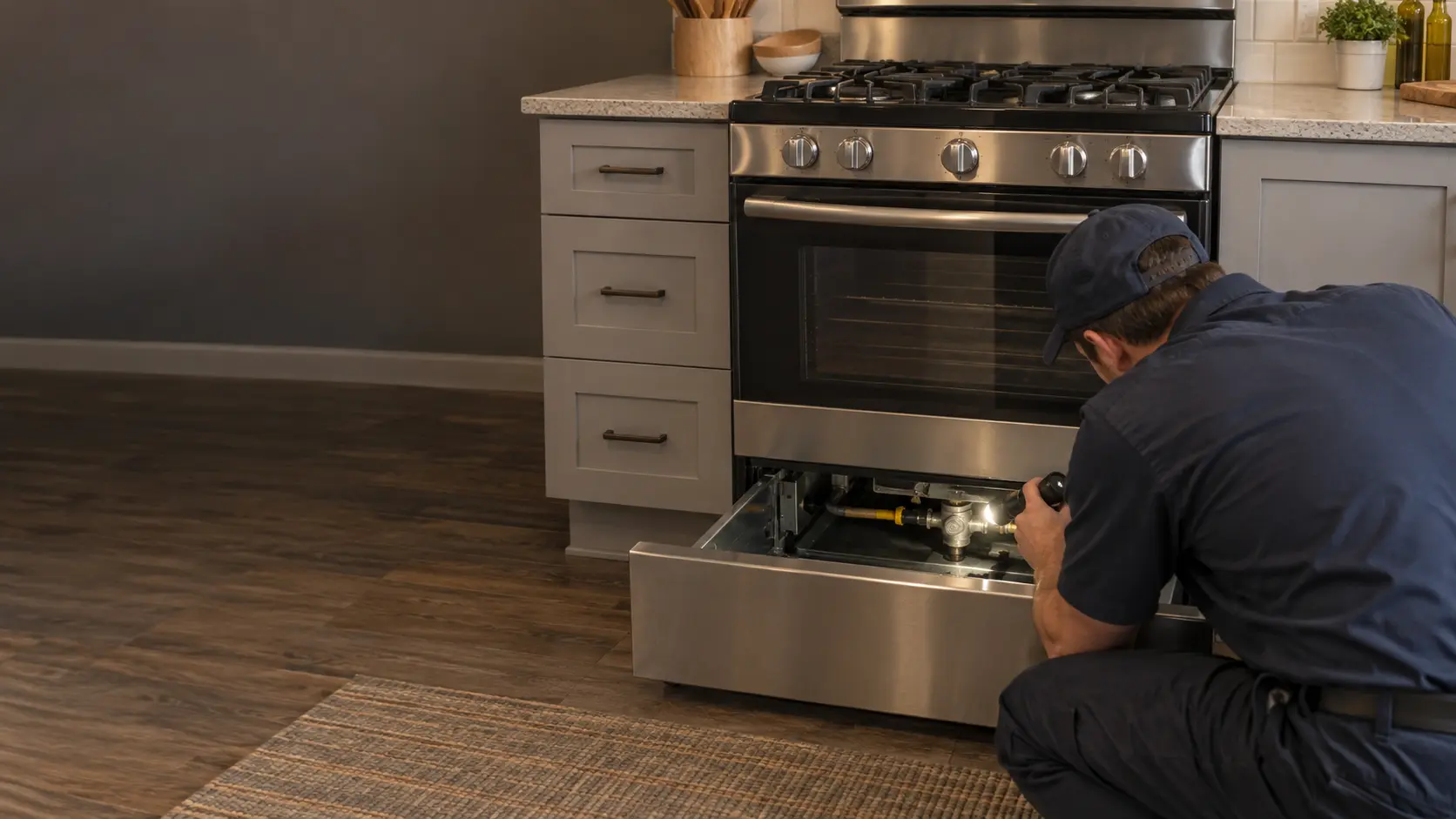 A technician crouches in front of a freestanding gas stove in a US home kitchen, its storage drawer pulled out, holding a flashlight toward the gas valve behind it.