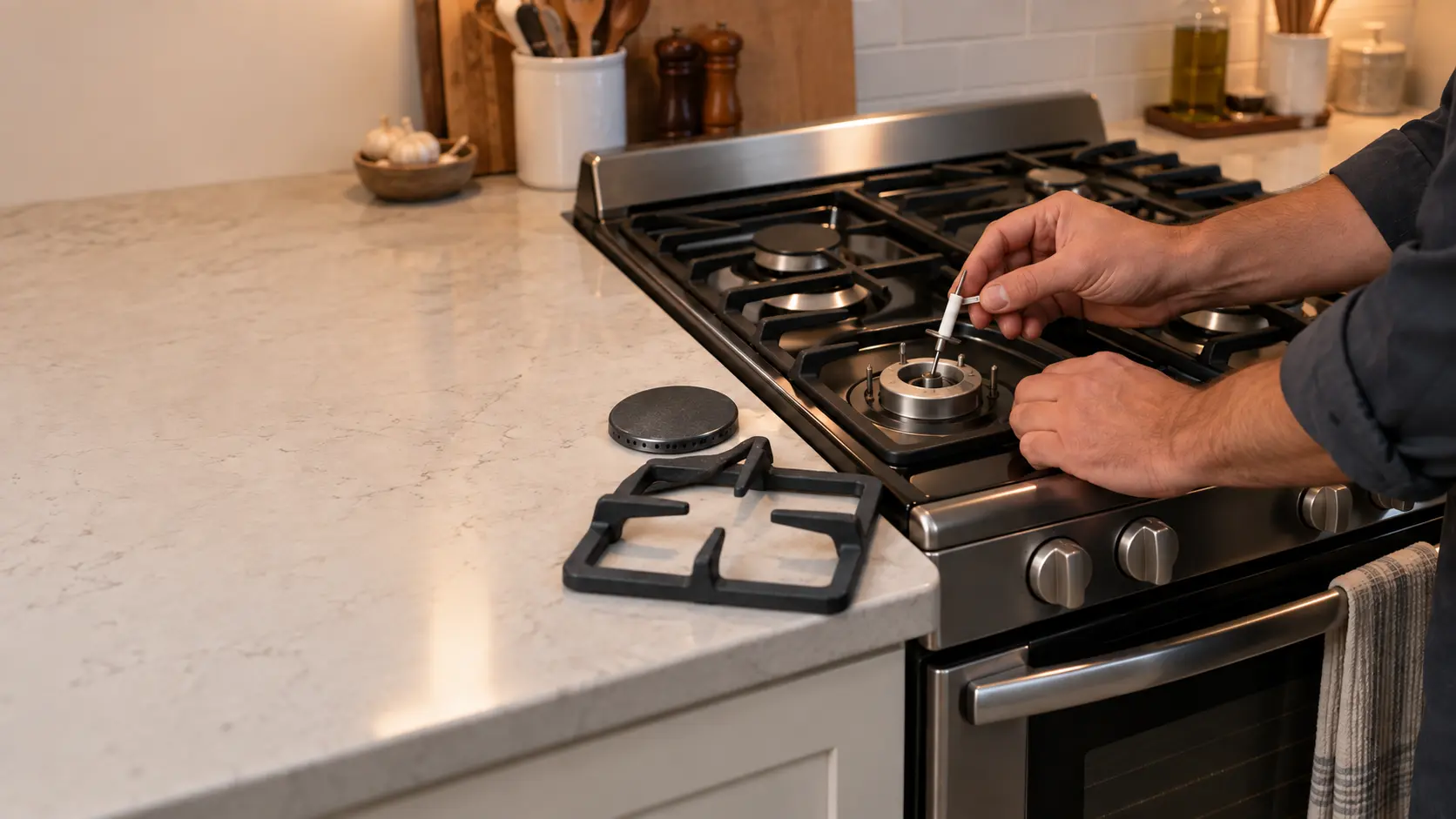 A technician holds a small new white ceramic electrode beside a bare burner base on a freestanding gas stove in a US home kitchen, the cap and grate set aside.