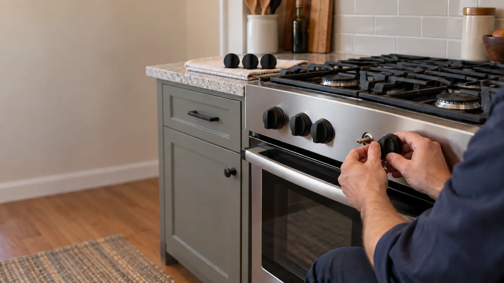 A technician slides a new black knob onto a stem on the front of a freestanding stove in a US home kitchen, the other knobs lined up on a towel on the counter.