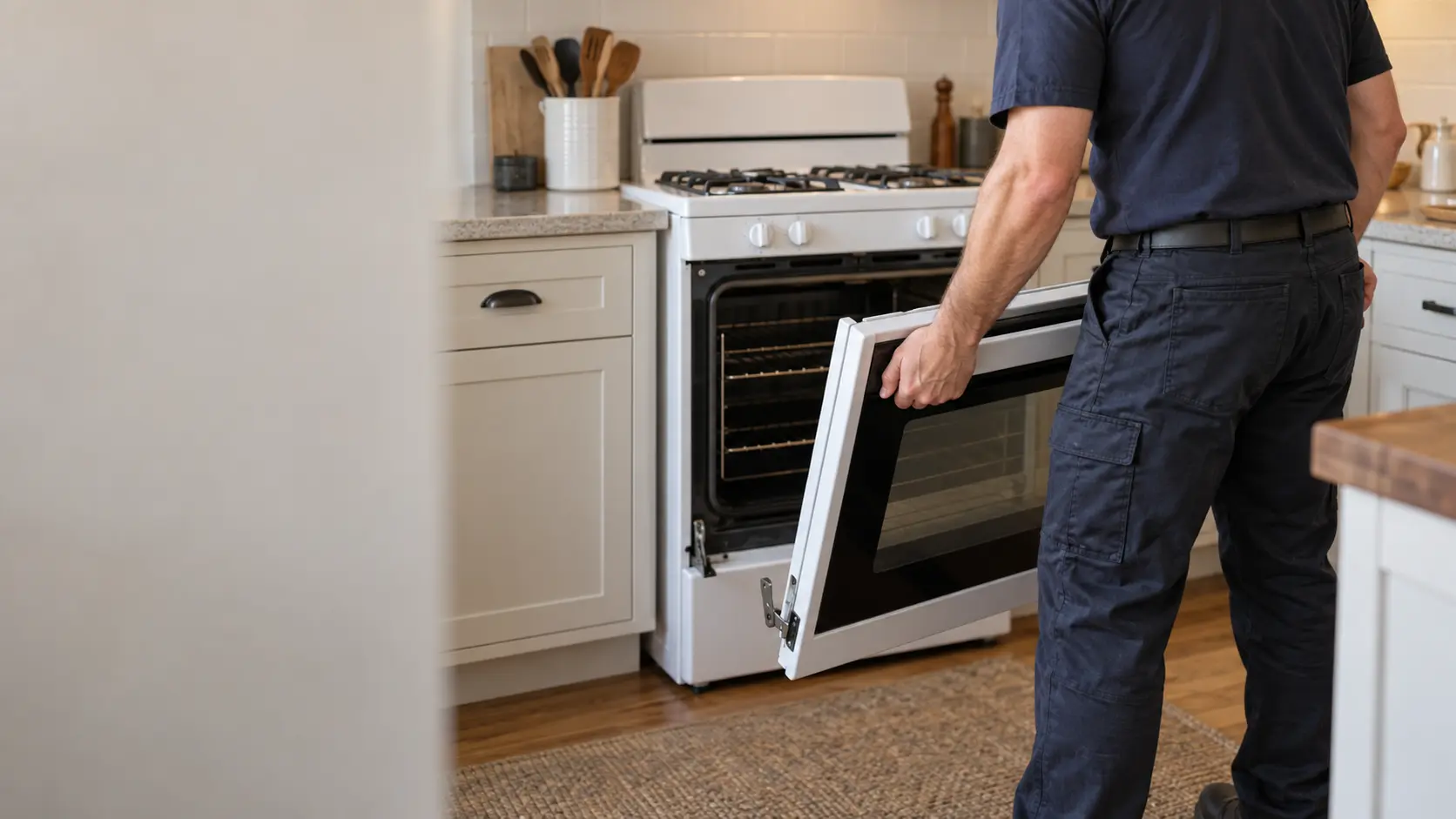 A technician lifts the oven door of a white freestanding stove off its hinges in a US home kitchen, holding it by both sides at waist height.