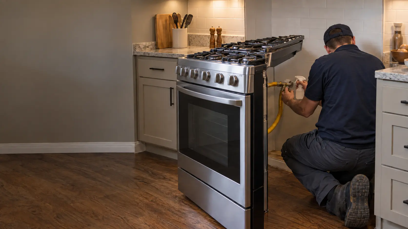 A technician kneels behind a freestanding gas stove pulled out from the wall in a US home kitchen, checking a yellow flexible gas connector at its shutoff valve with a small spray bottle.