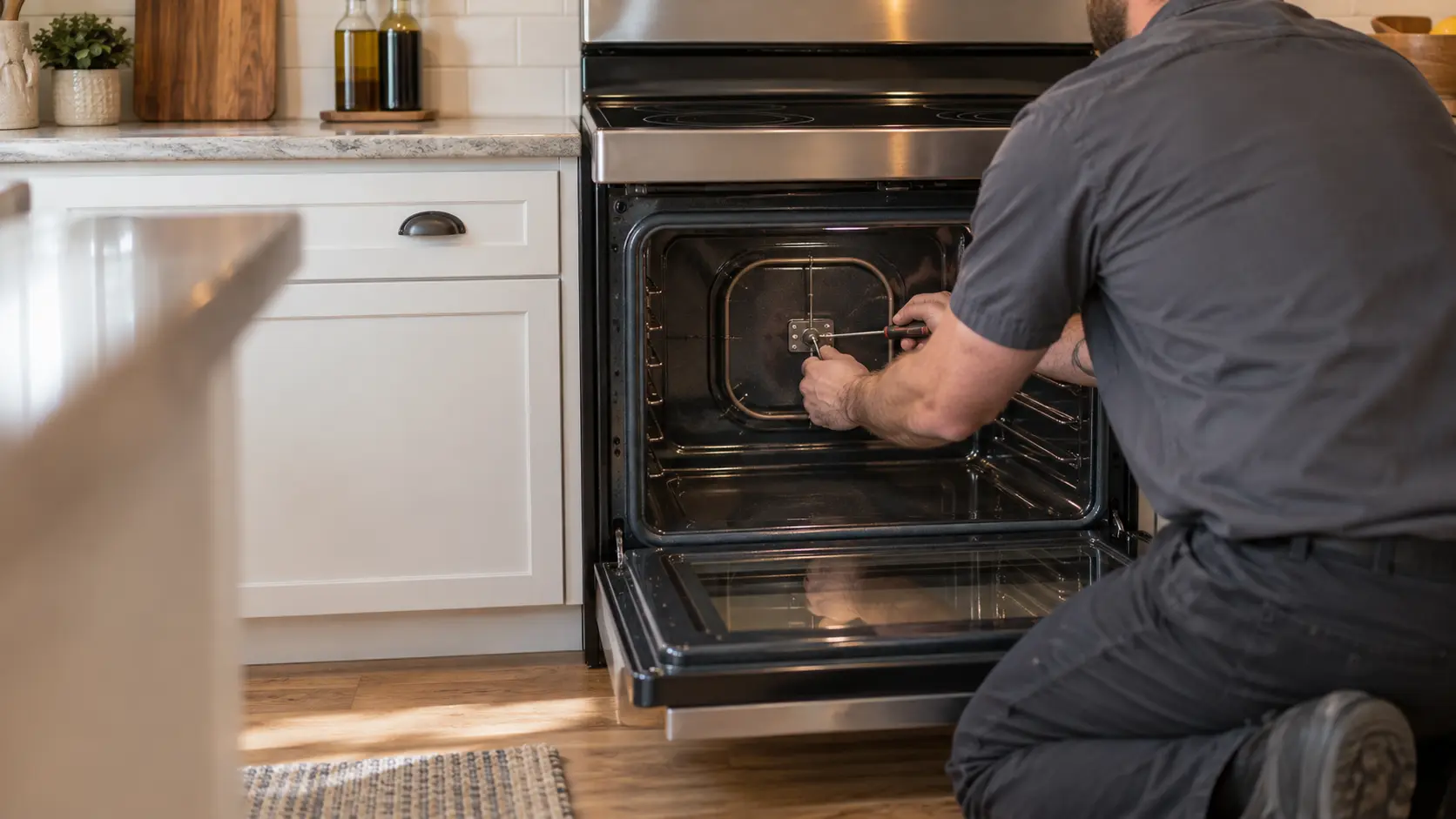 A technician kneels at the open oven door of a freestanding stove in a US home kitchen, fitting a new bake element to the back wall of the oven.