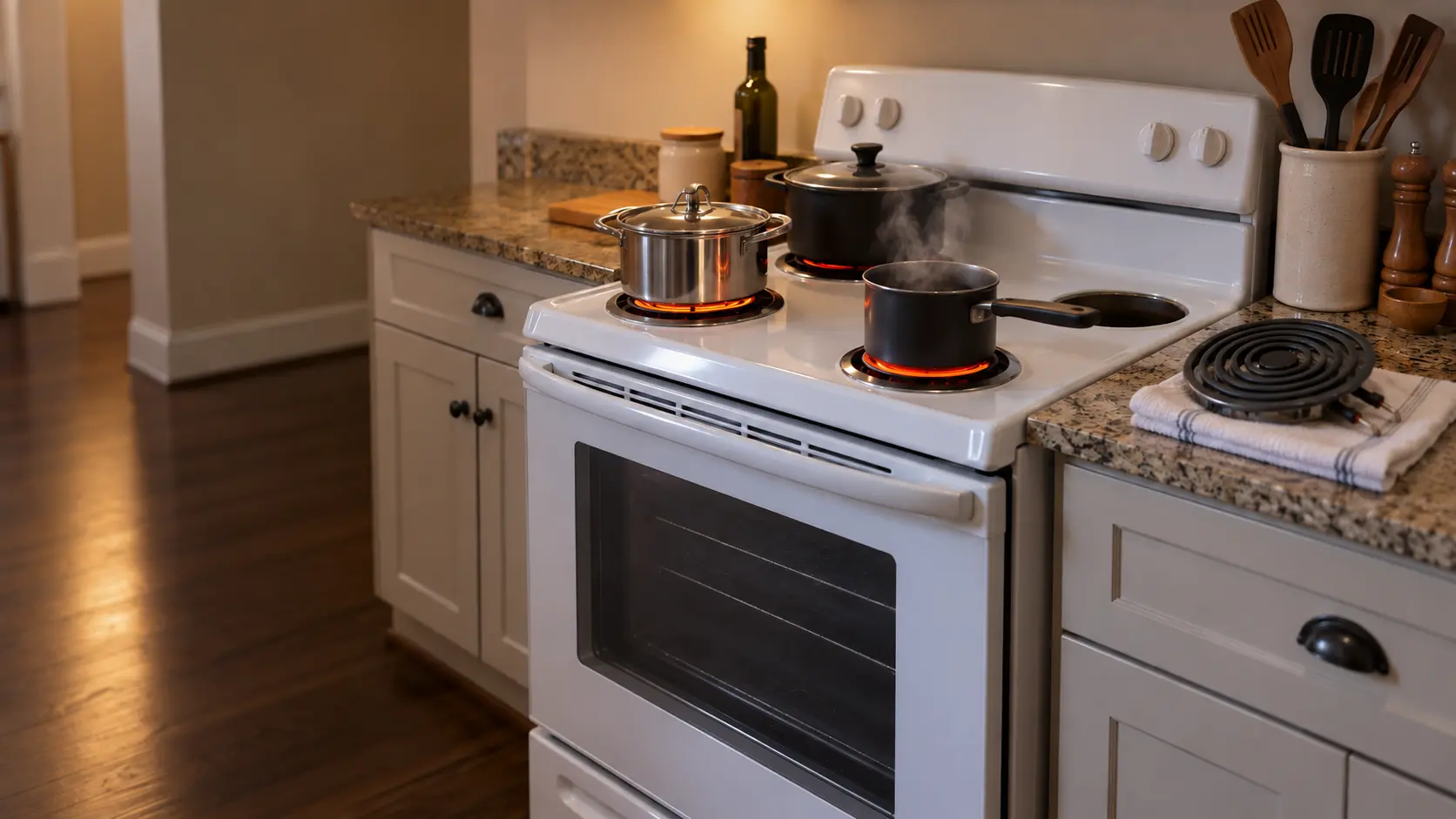 A US home kitchen with a white freestanding electric stove, three coil burners glowing orange under pots and the fourth coil lifted out of its socket and resting on a towel on the counter.