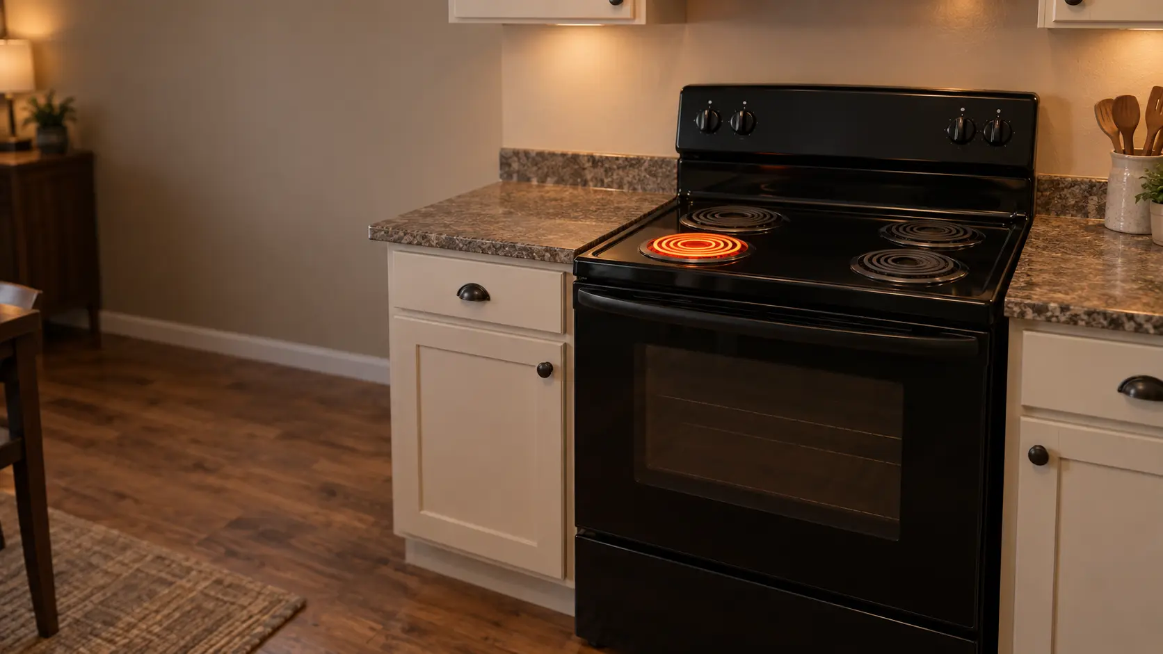 A US home kitchen with a black freestanding electric stove with coil burners, one front coil glowing bright orange with no pan on it and every knob pointing at off, the counters beside the stove cleared and nobody in the room.
