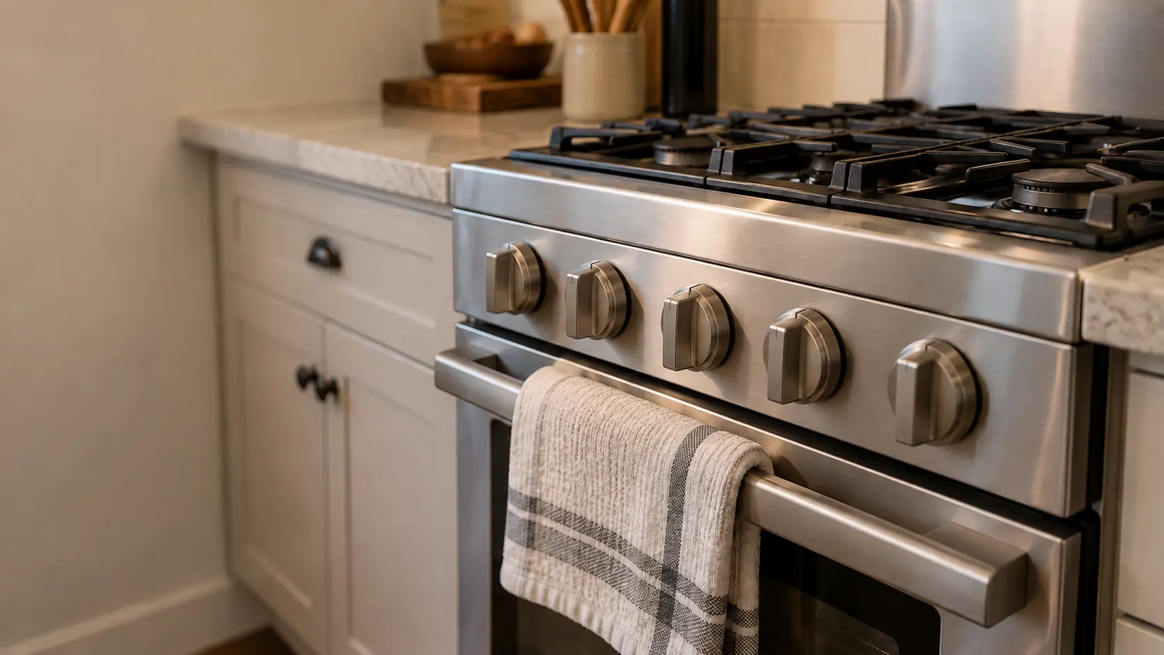 A close view of the front knobs of a stainless gas stove in a US home kitchen, a folded dish towel drying the panel beneath the knobs and every knob turned to off, the burners on top dark.